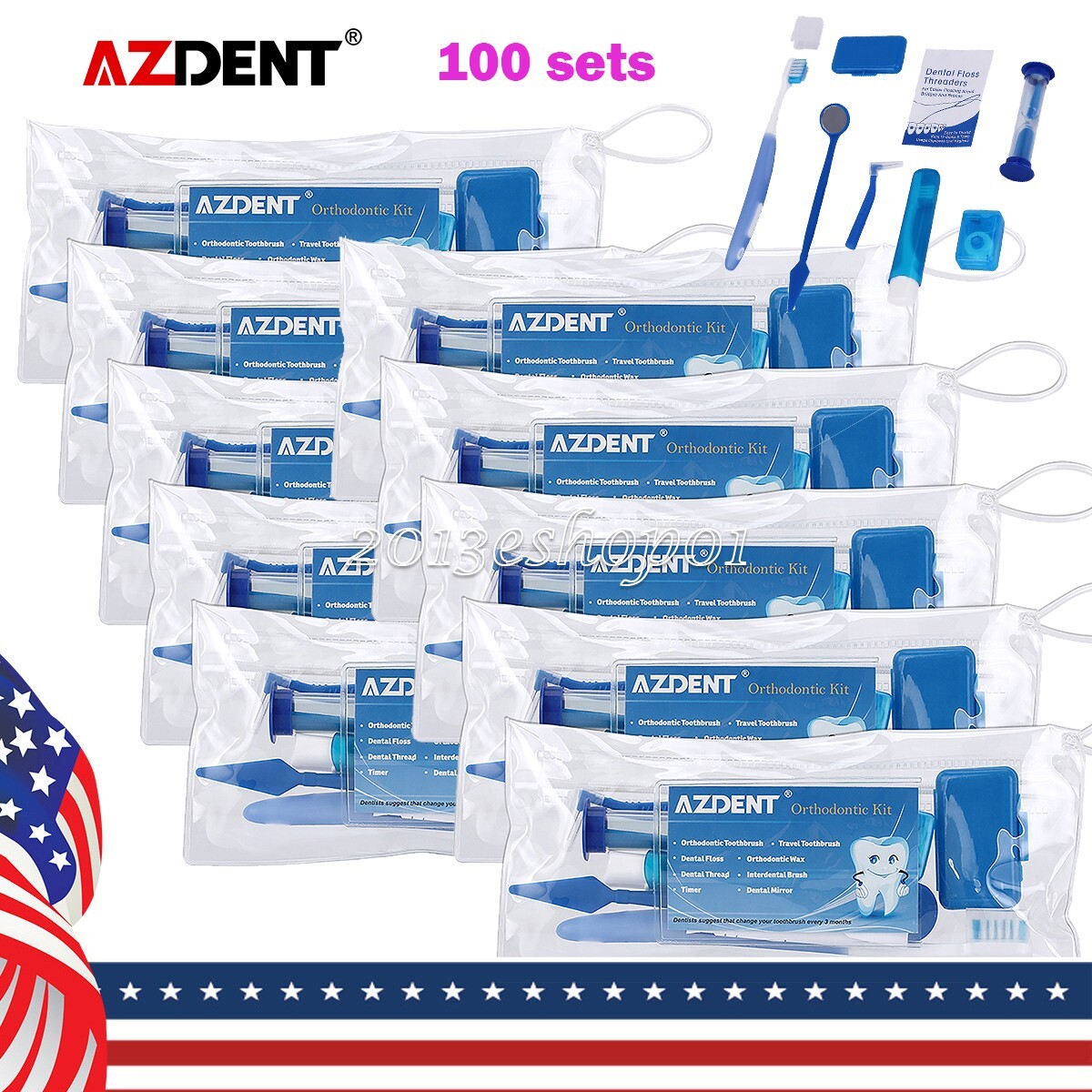 100 kits Ortho Dental Tooth brush Tie Interdental brush Floss Oral Care Kit Blue
