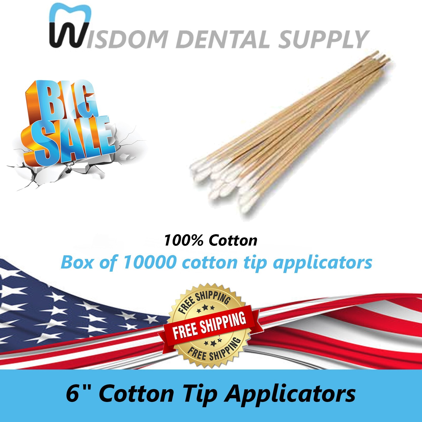 SALE! Dental 6″ Cotton Tip Applicators 10000/Box. 100% cotton