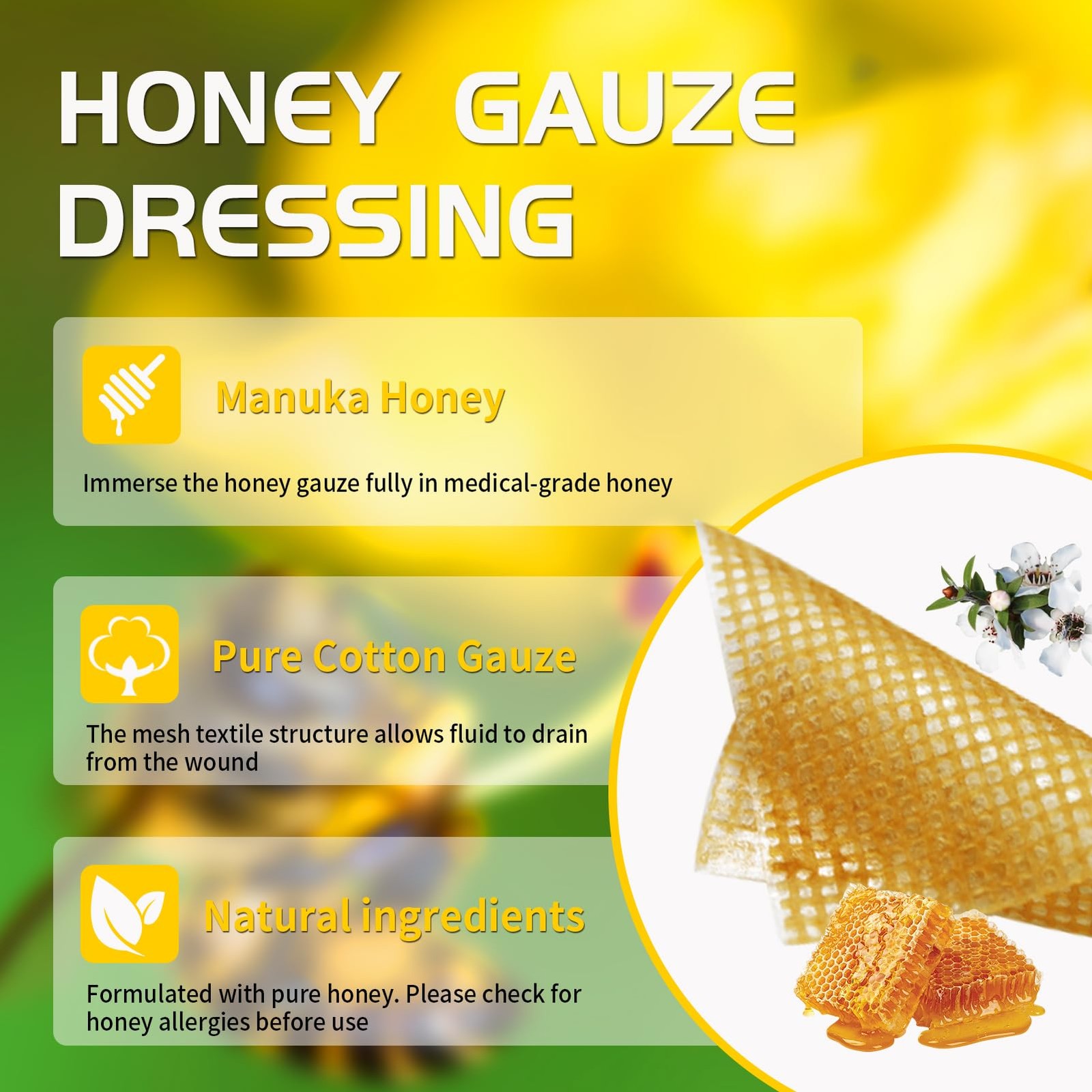 POLYNEW Manuka Honey Gauze Dressing, 6 4″x4″-6 Pack/Box