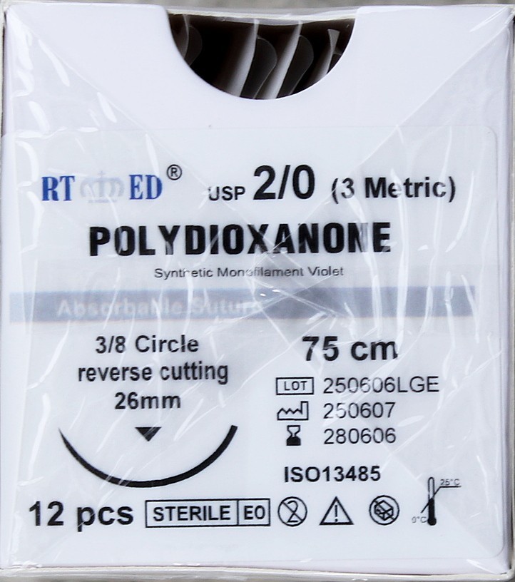 PDO/PDS Sutures SIZE 2-0, 75cm w/ 3/8 circle 26mm cutting needle Human/Vet 1 DOZ