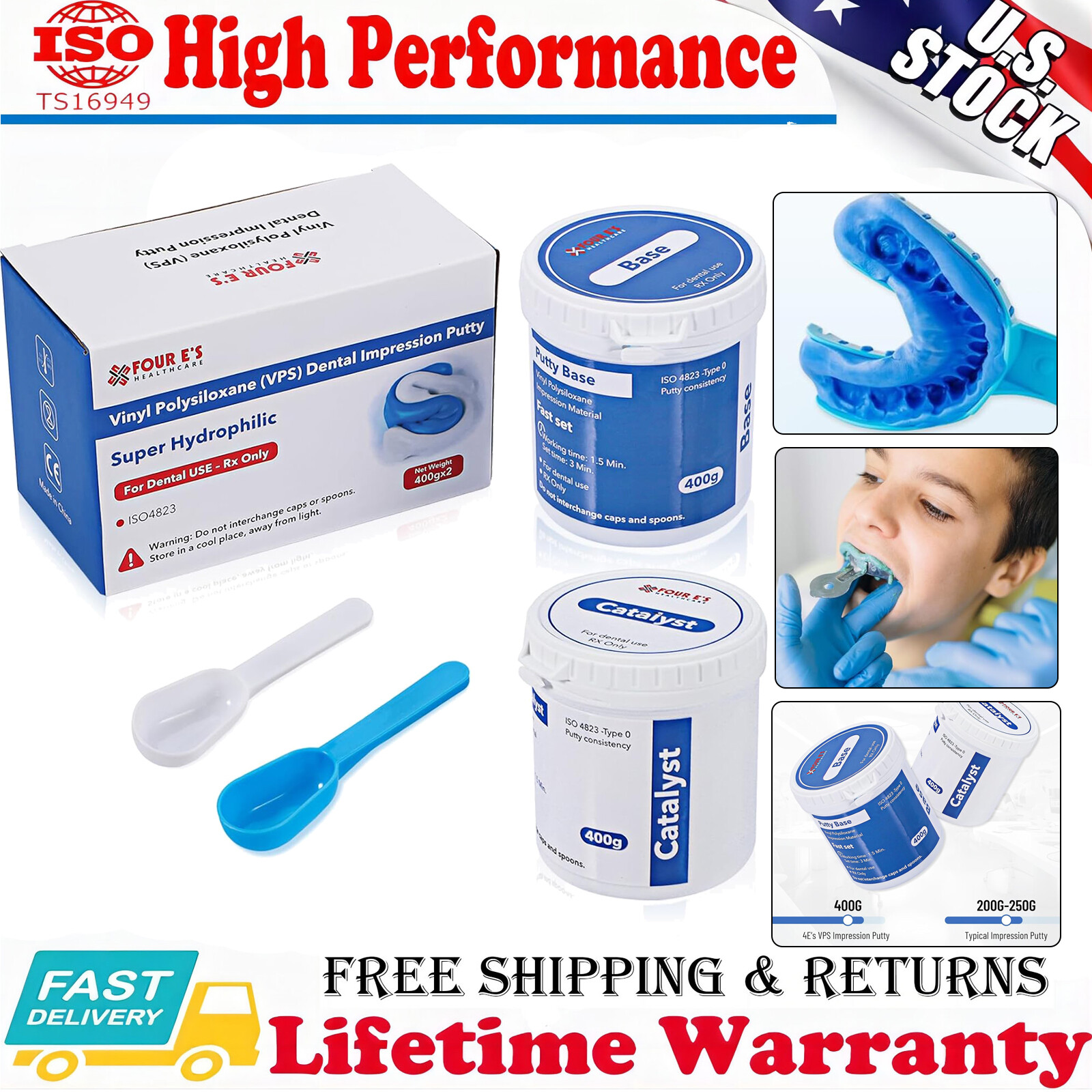 Dental Putty Fast Set PVS VPS Impression Material Silicon Hydrophilic 2 x 400g