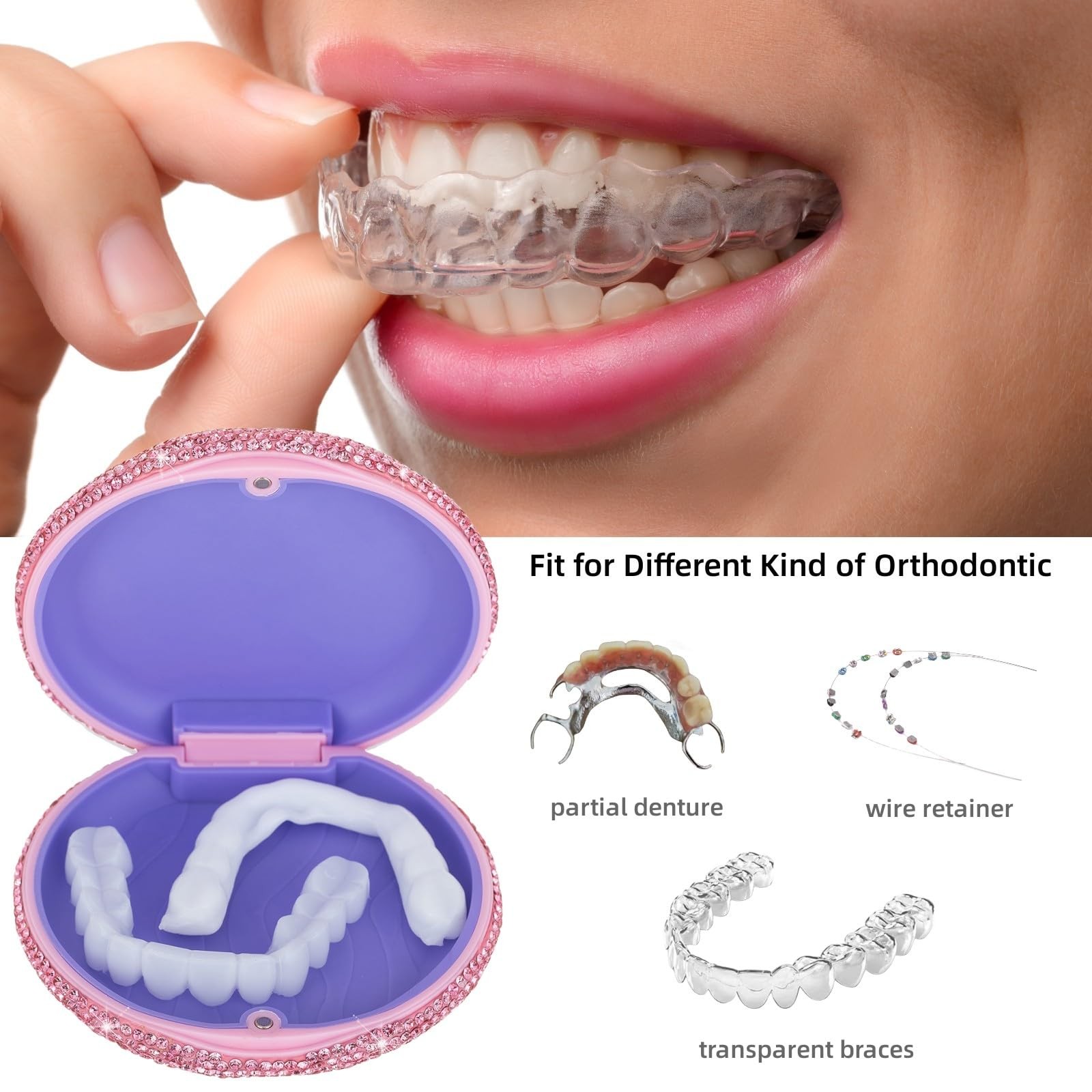 Veseek Retainer Holder Partial Denture Case Travel Container pink