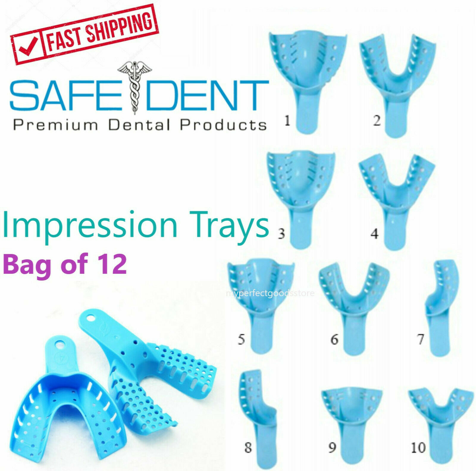 Dental Impression Trays Perforated Plastic Disposable Ped/S/M/L Upper/Lower 12Pk