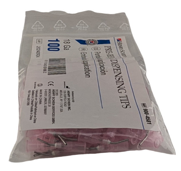 Henry Schein 900-4581 18 Ga Pre-Bent Dispensing Tips 100 Ct Pink
