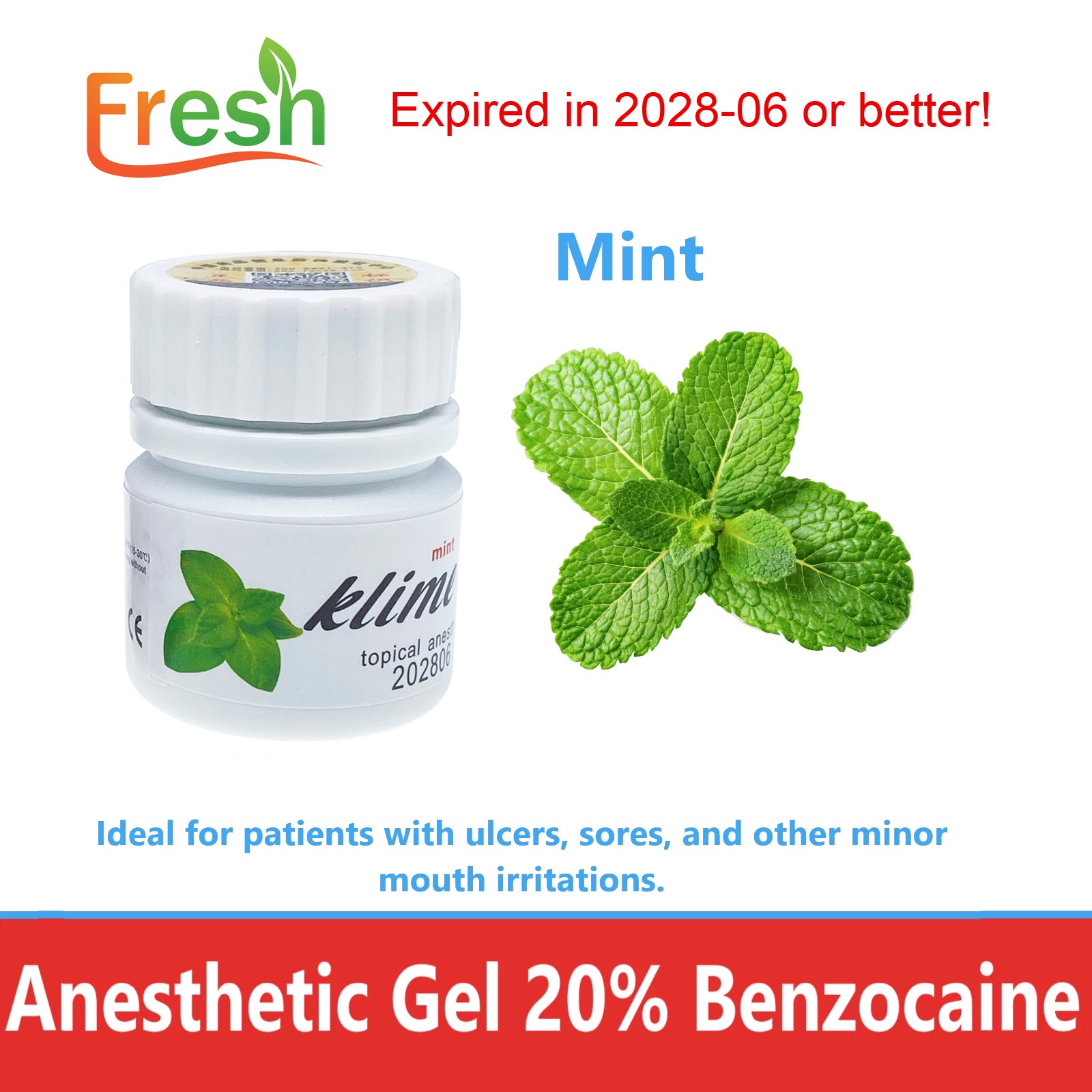 Fresh Dental Topical pain free Gel 20% Benzocaine 1oz Jar , Mint/Strawberry