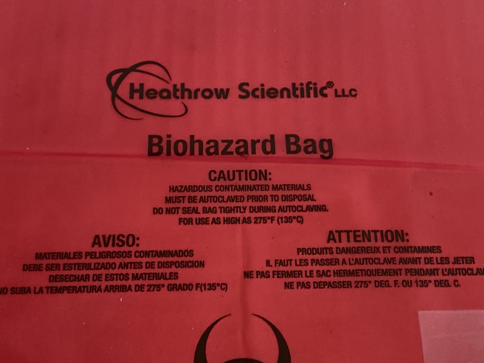 (63) HEATHROW Biohazard Waste Bags 8”x12” English Spanish French HS10320