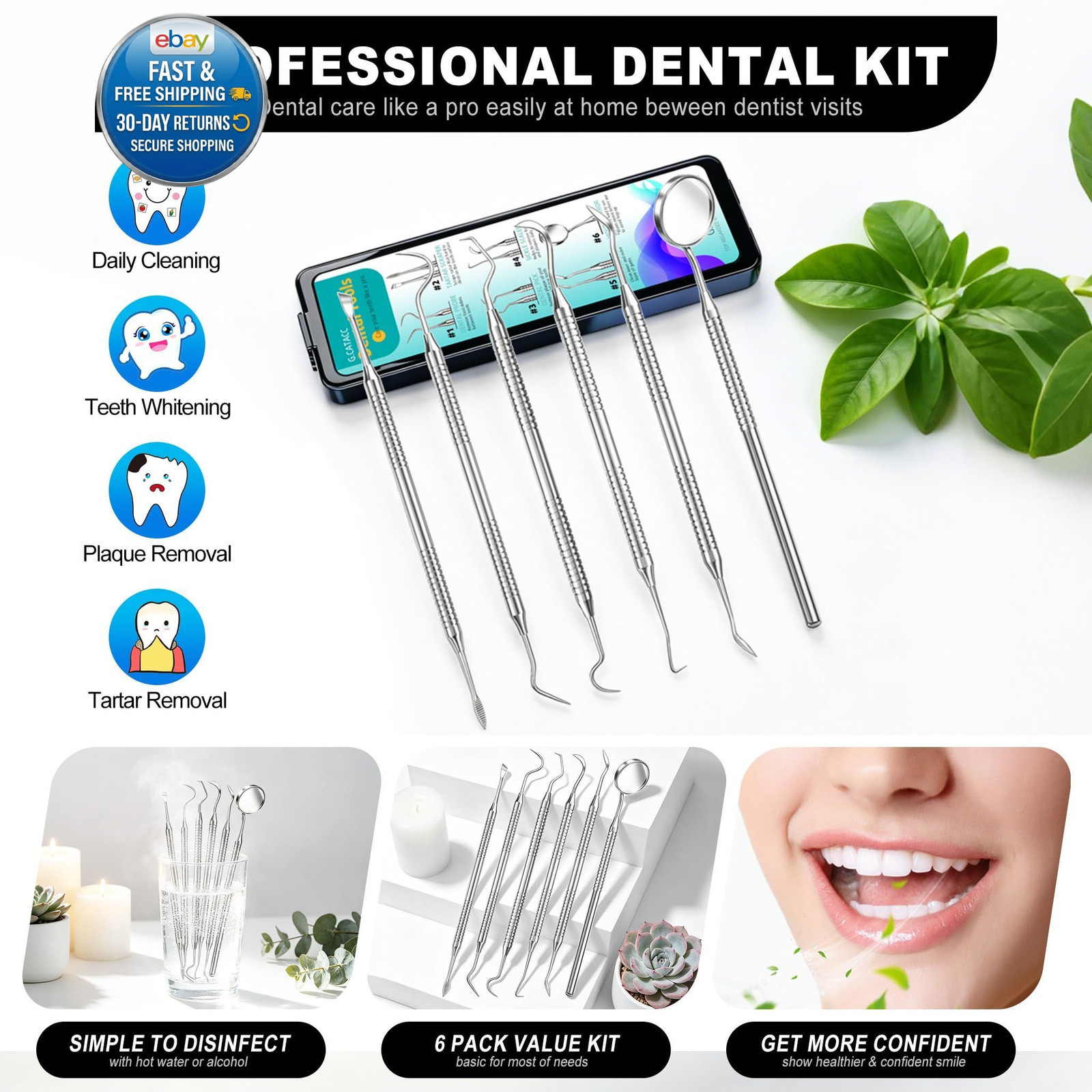 Dental Pick for Teeth Cleaning, Stainless Steel Hygiene Kit with Case