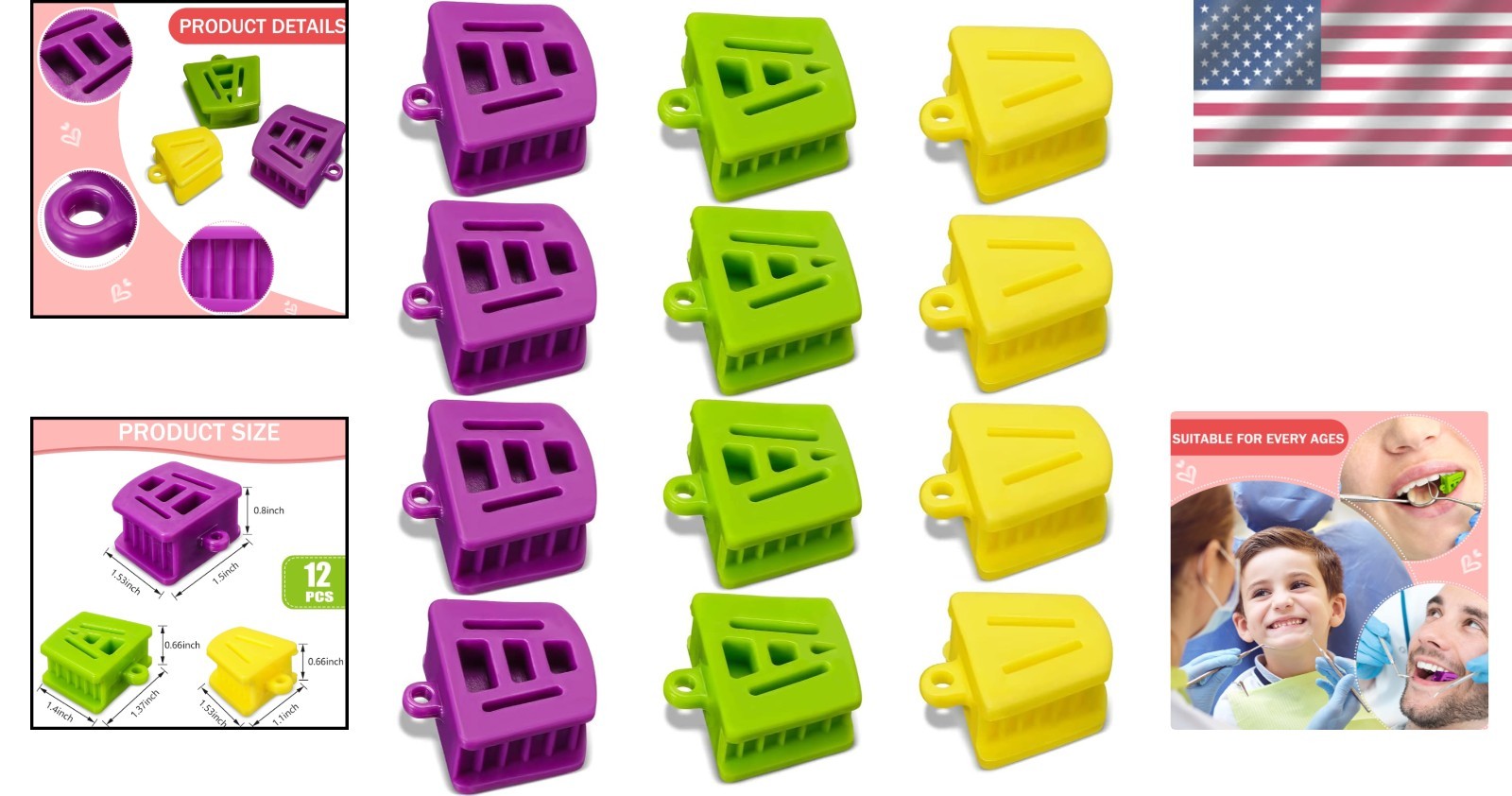 12 Pcs Color-Coded Dental Mouth Props – Silicone Blocks for Easy Size Selection