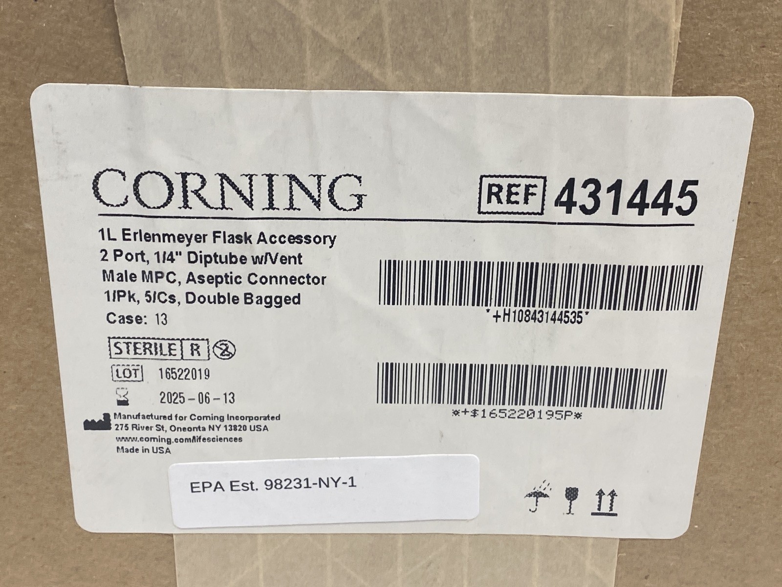 CORNING Disposable 43mm Aseptic Transfer Cap Dip Tube for 1L PC E-Flask 431445