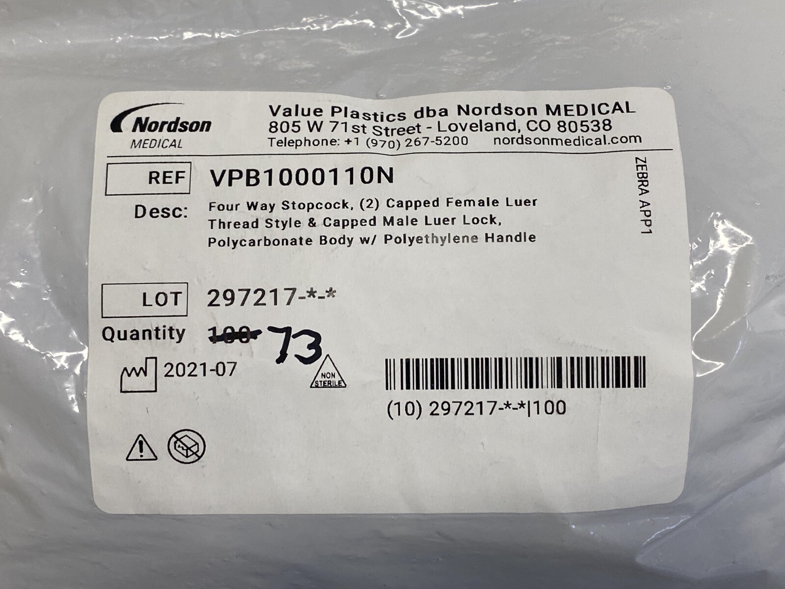 (73) VALUE PLASTICS Four-Way Stopcock Capped F Luer to Capped M Luer-Lock