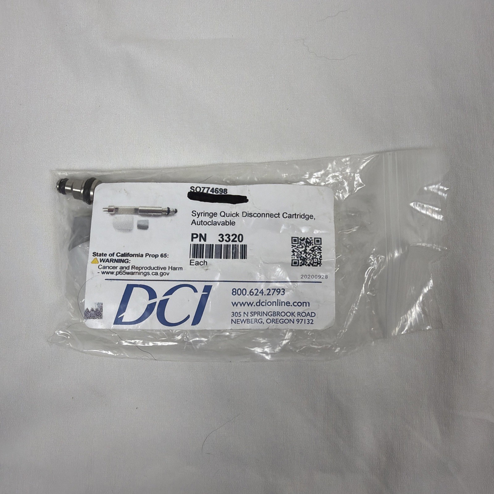 DCI 3320 Syringe Quick Disconnect Cartridge, Autoclavable -NEW-