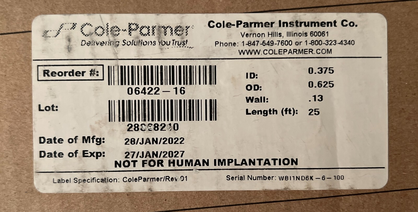 Cole Parmer Tubing 0.375” ID 0.625” OD 25 feet 06422-16 Brand New – 2027 Exp