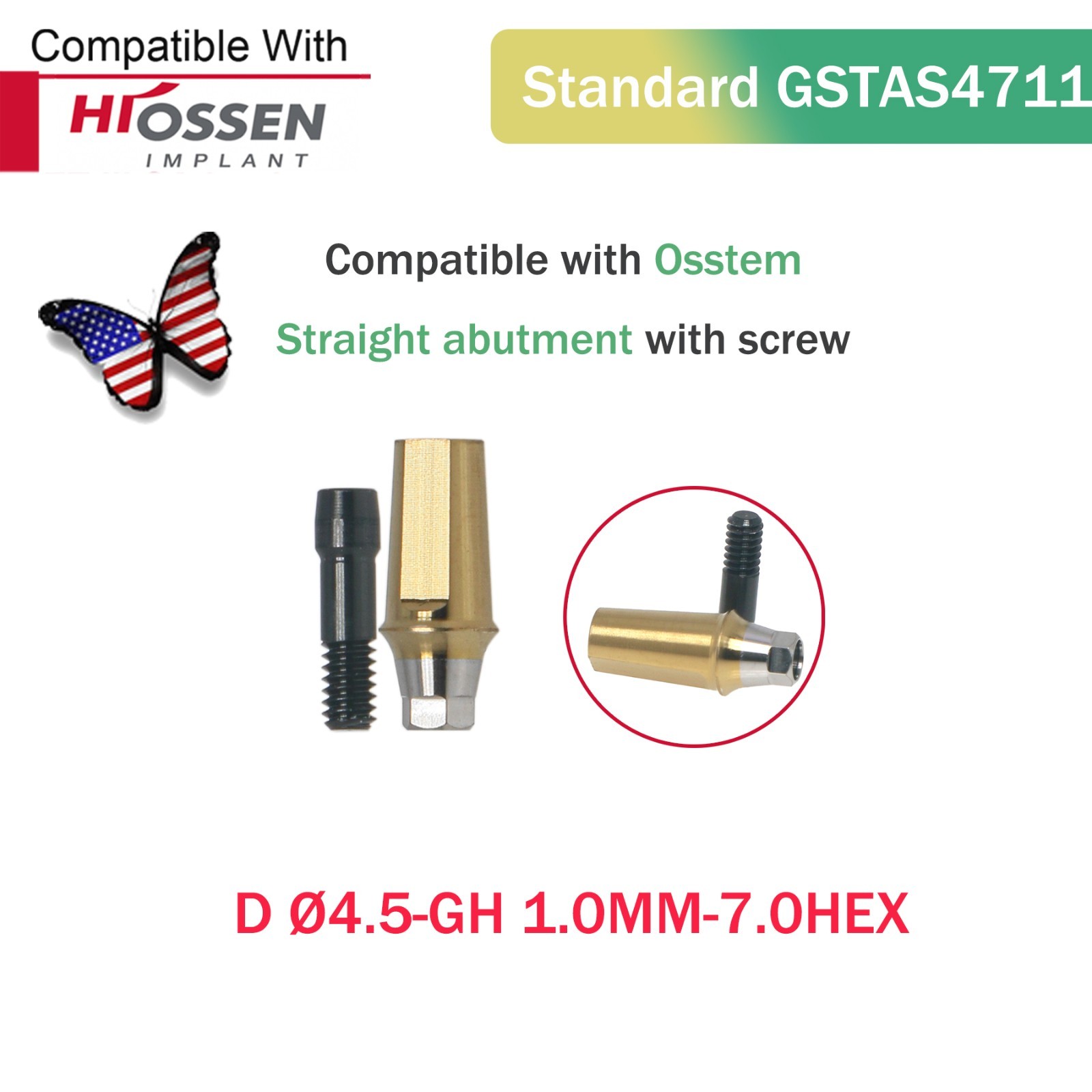 US Dental Regular Straight Abutment Ø4.5mm GH 1-5mm Screw for Osstem Hiossen ET