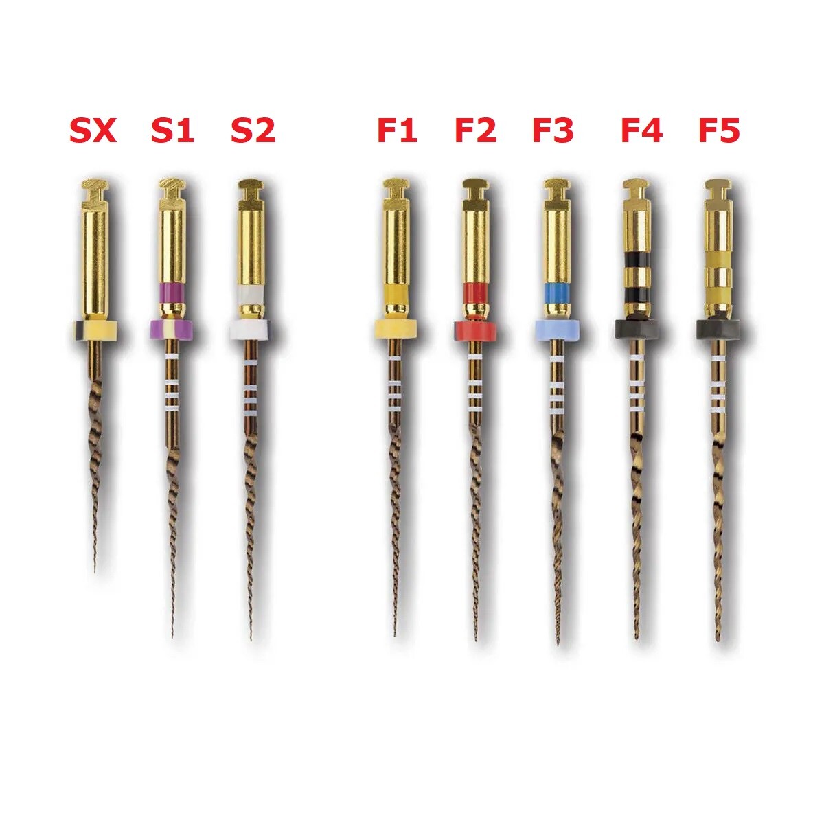 Gold Rotary Files F1,F2,F3,S1,S2,SX-F3,SX 31mm 120 files 20pks (6files/pk)