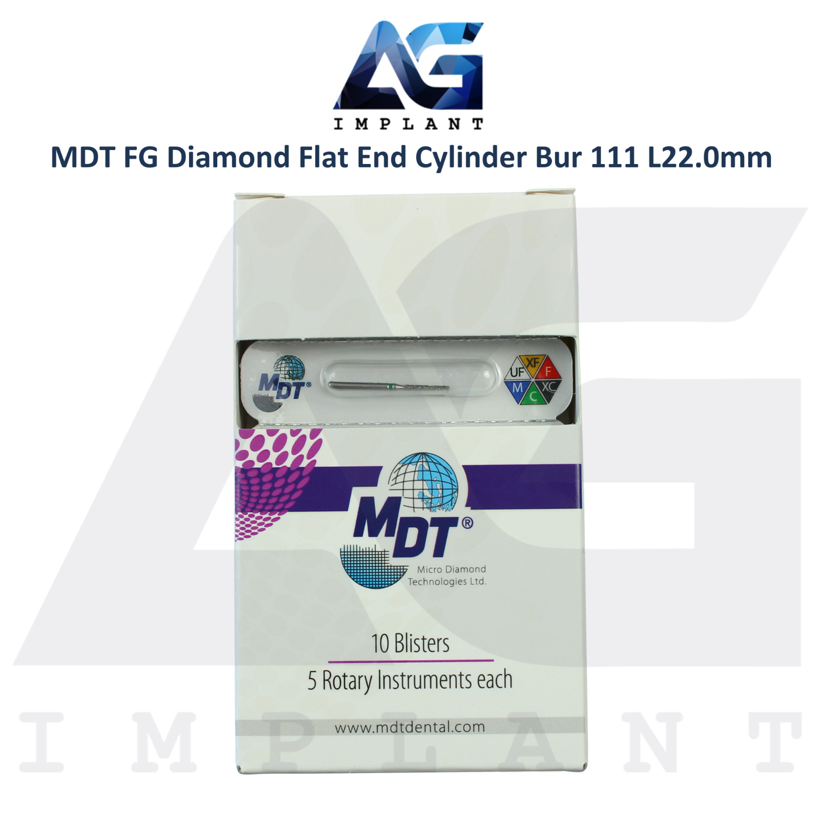 MDT Dental FG Diamond Coated Flat End Cylinder Burs 111 L22.0mm Contour Surface