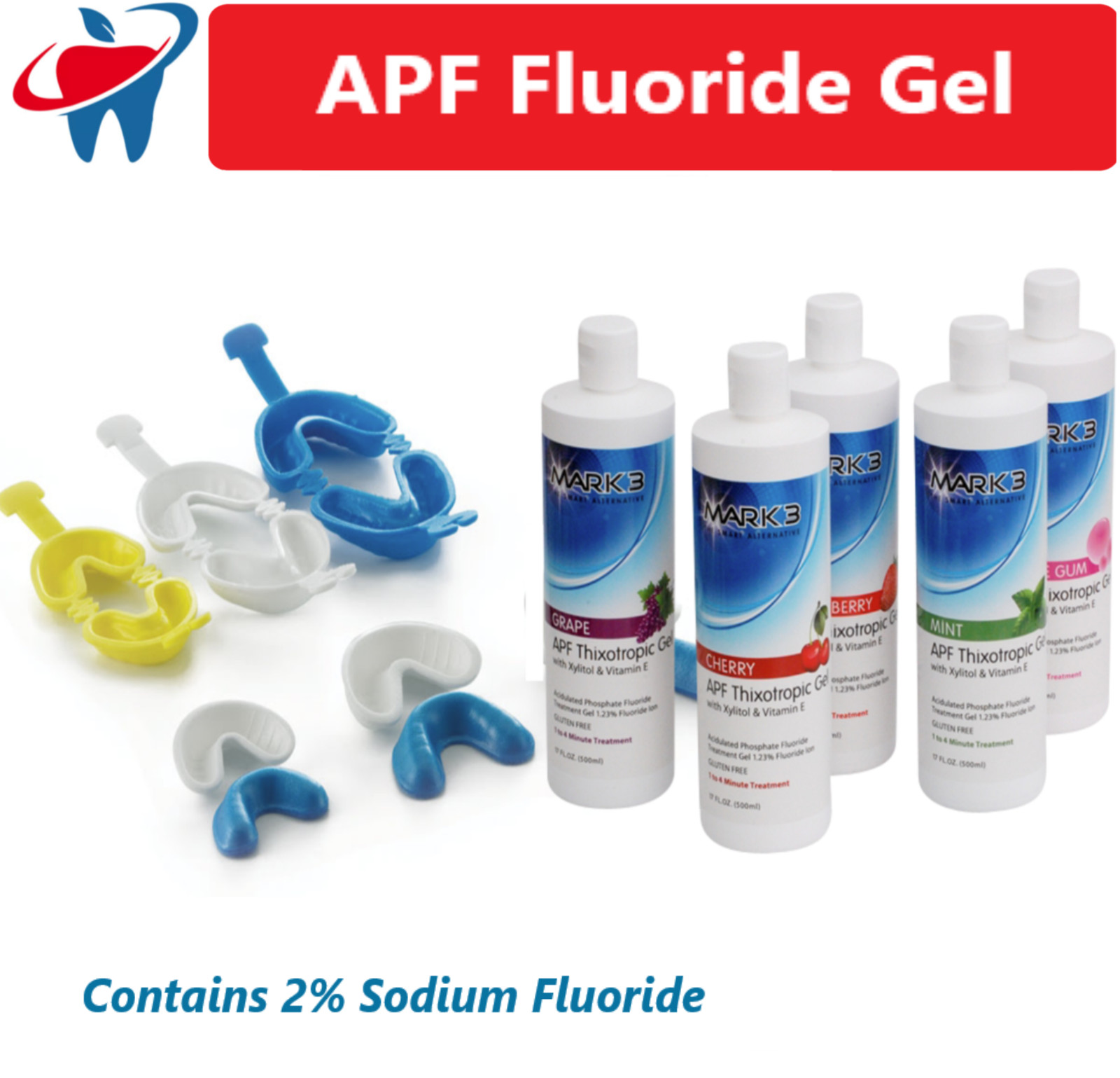 Dental APF Fluoride Gel 17 Fluoride Trays Dual Arch, Single Arch S, M, L – USA