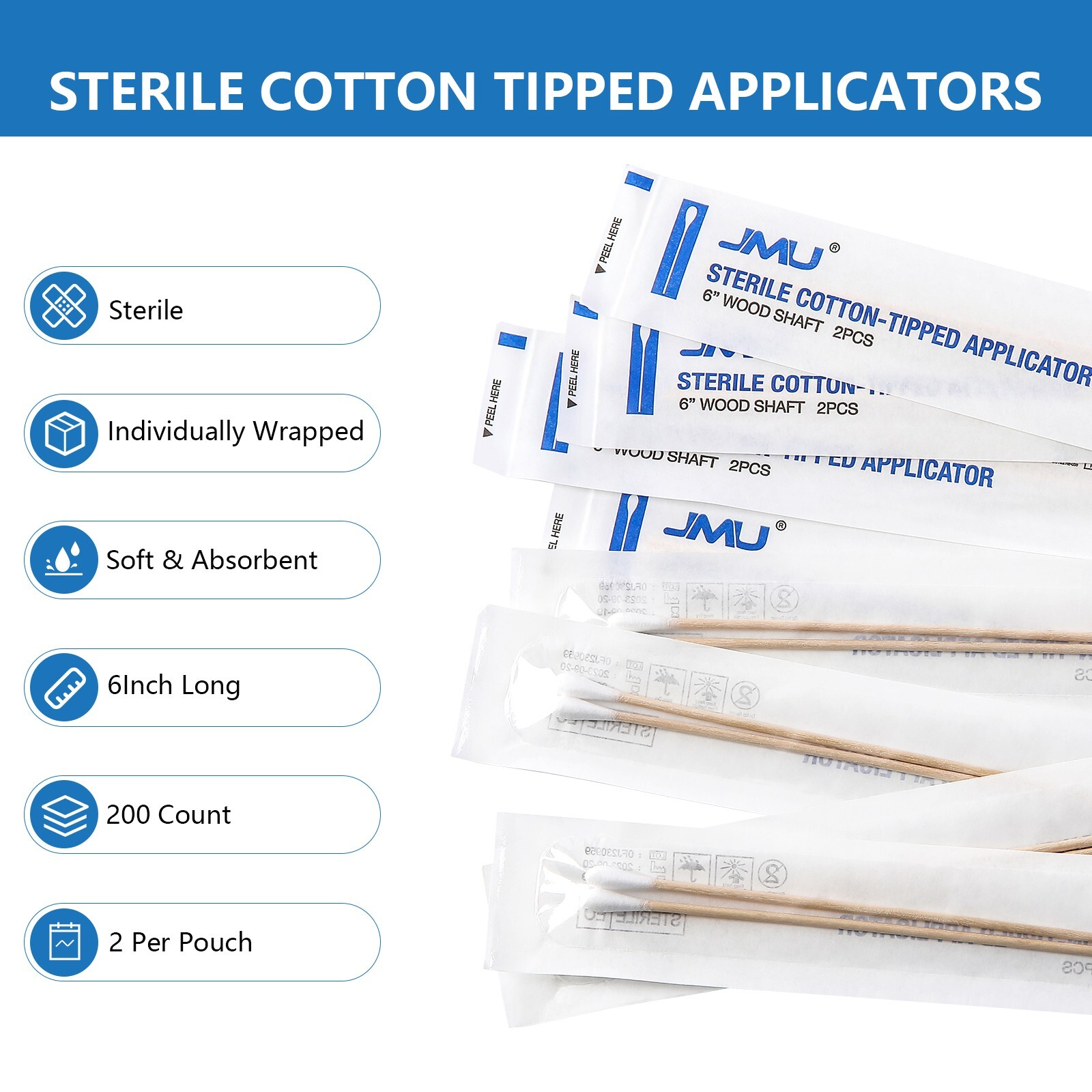 200Pcs JMU 6 Inch Sterile Cotton Tipped Applicators Long Medical Cotton Swabs