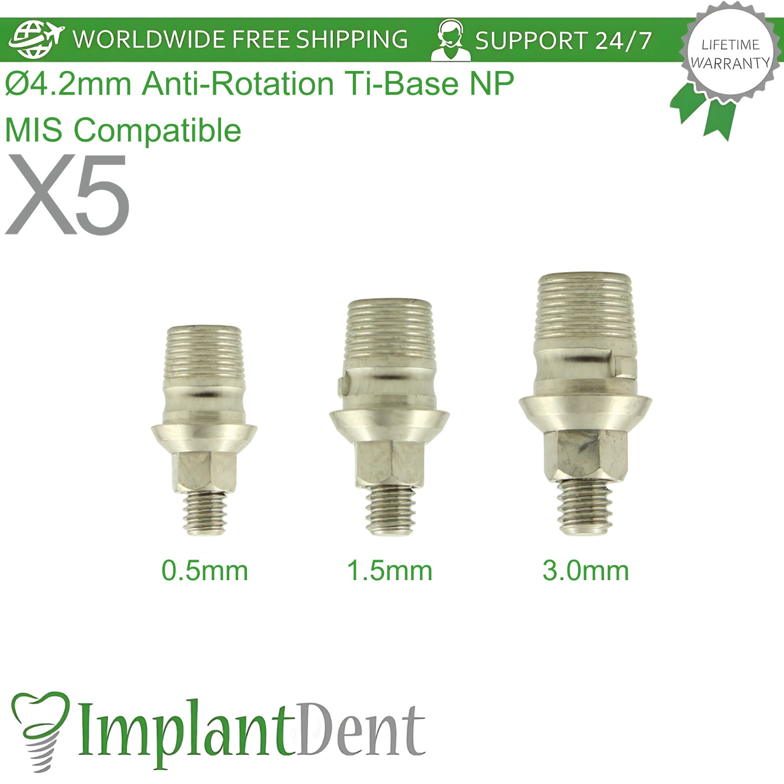 X5 Ø4.2mm Anti-Rotation Ti-Base NP MIS Compatible Int Hex 2.10mm Connection