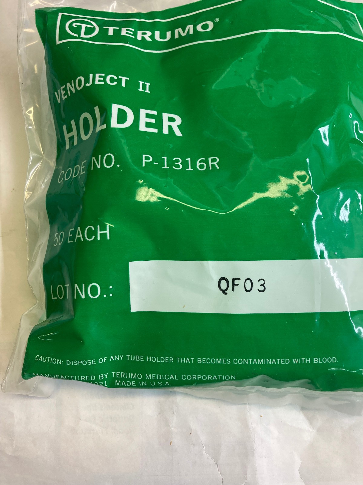 Terumo P1316-R Green Vacutainer Plastic MS Holders-ADULT/ 50 Bag