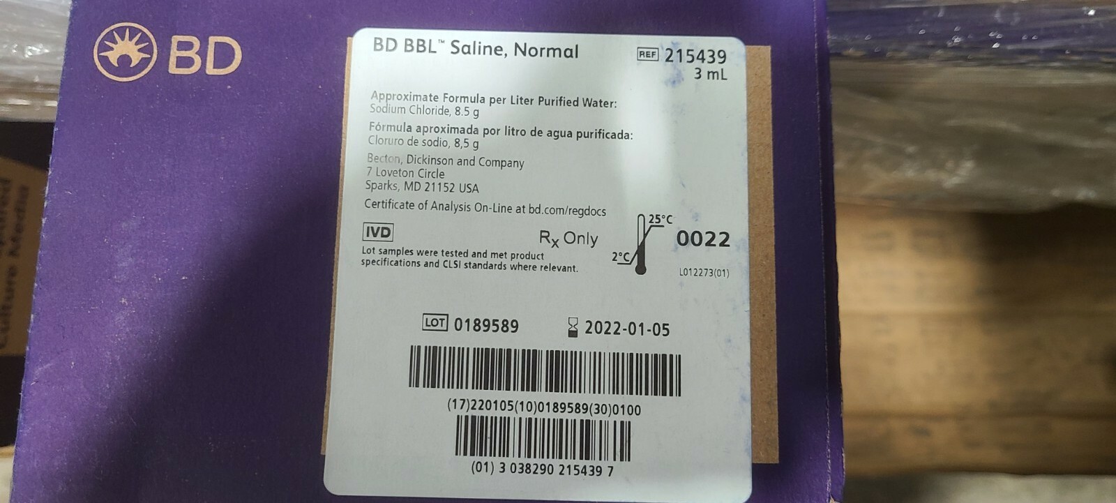 BD SPECIMEN COLLECTION & TRANSPORT SYSTEM 215439 BD BBL SALINE case of 100. 3ml