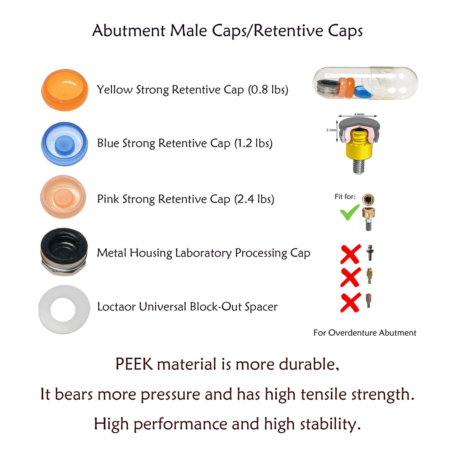 US Dental 5Pcs/set Overdenture Attachment Locator Retention Cap Male Cap Inserts