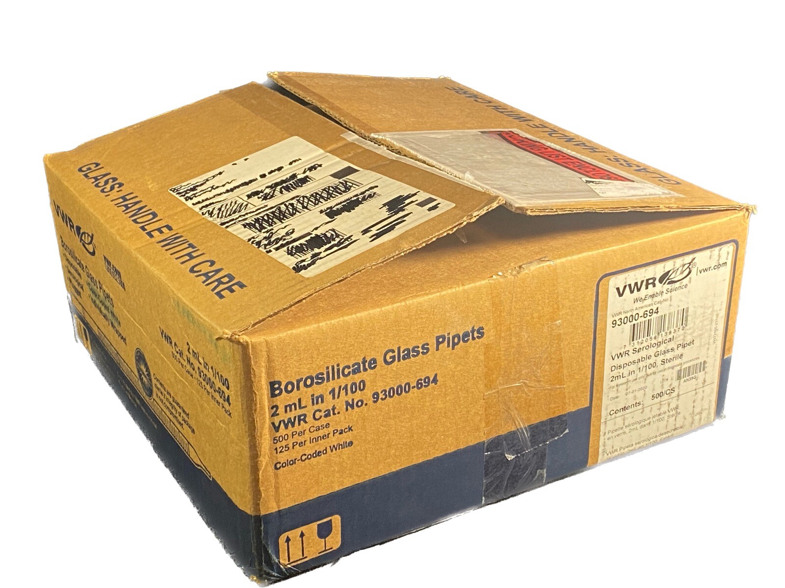 (500) VWR Scientific 2mL in 1/100 Sterile Glass Serological Pipettes 93000-694