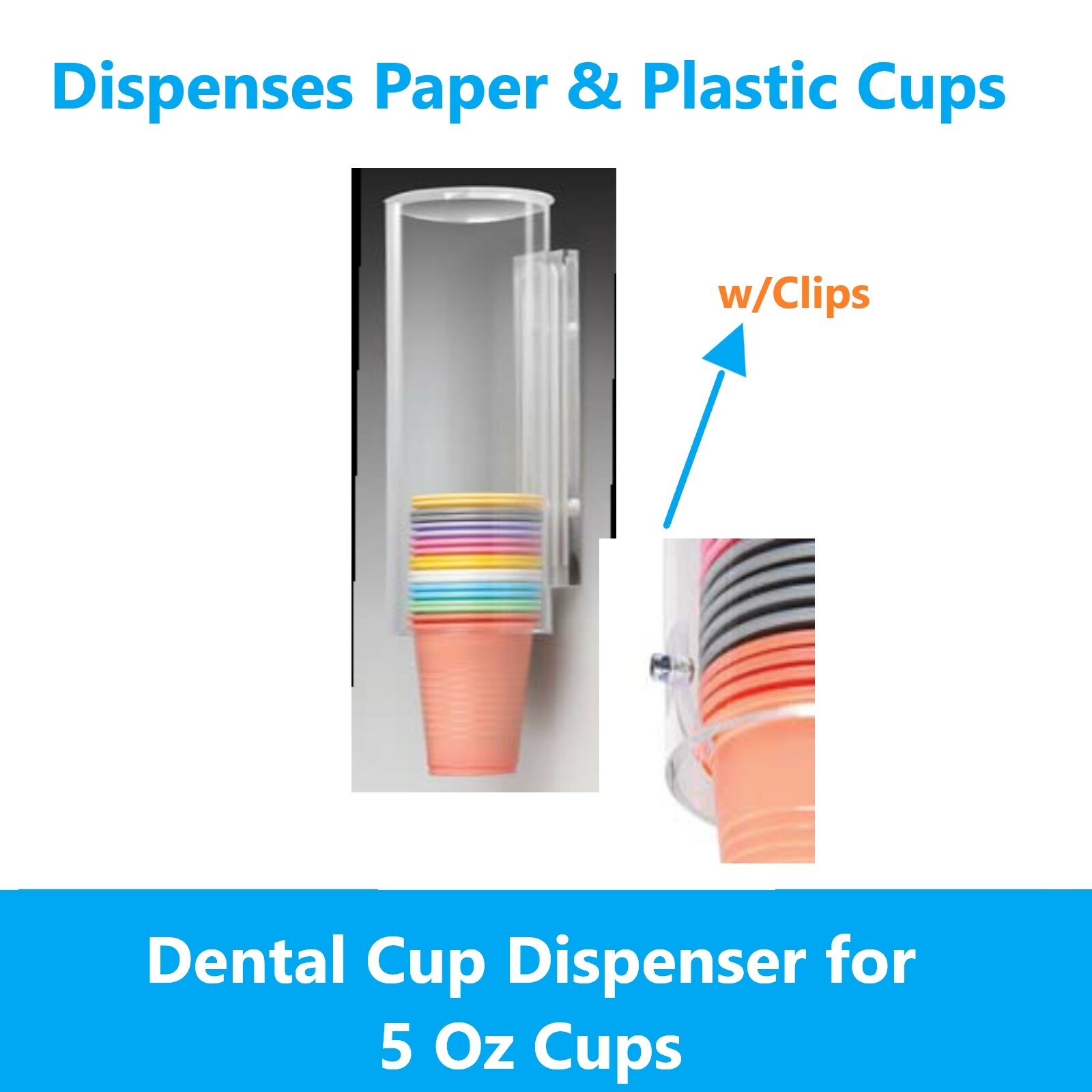 Dental Cup Dispenser for 5 Oz Cups, Dispenses Plastic Cups & Paper Cups, w/Clips