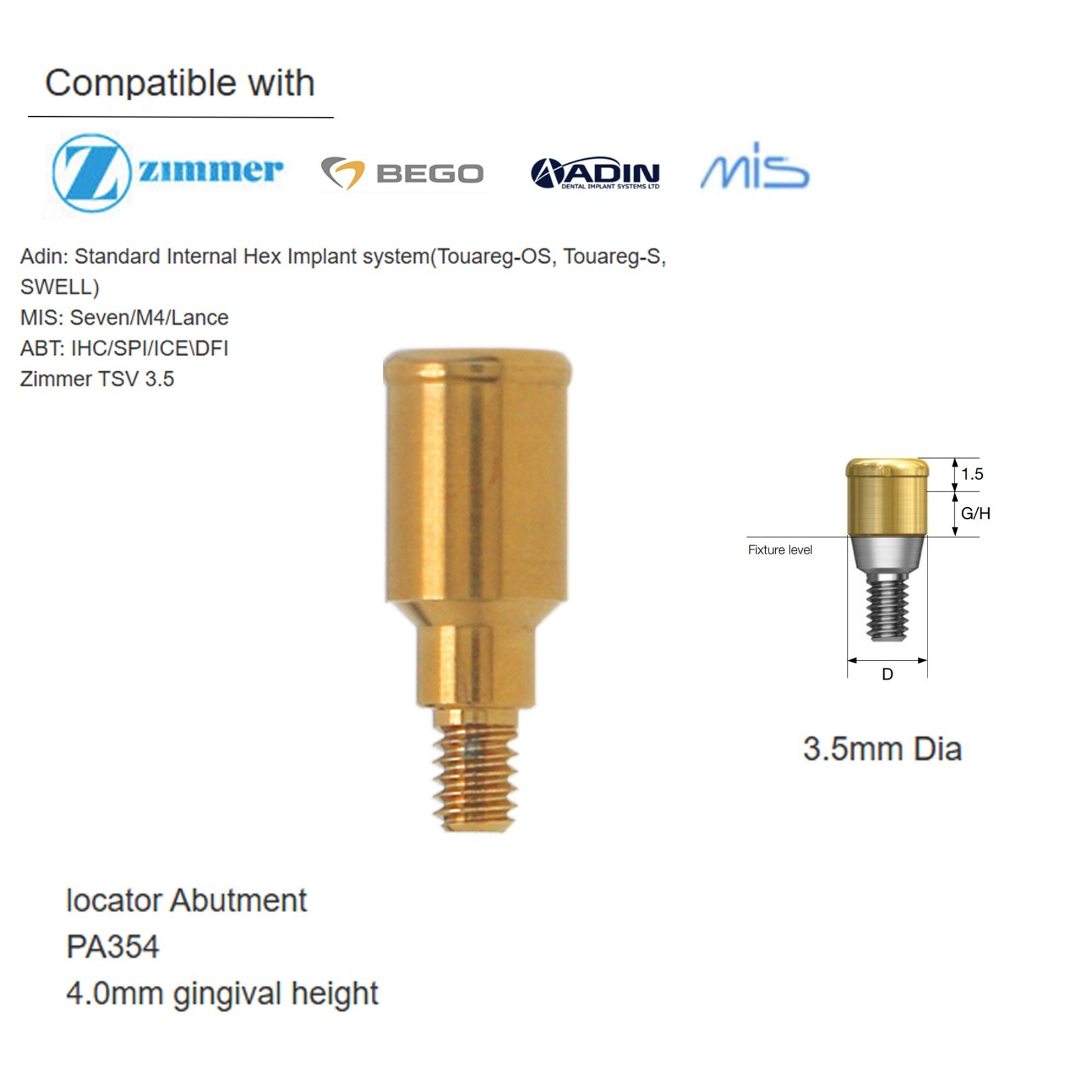 US Zimmer Adin Mis Bego Overdenture locator Abutments &Male Caps Tools For 1-5mm