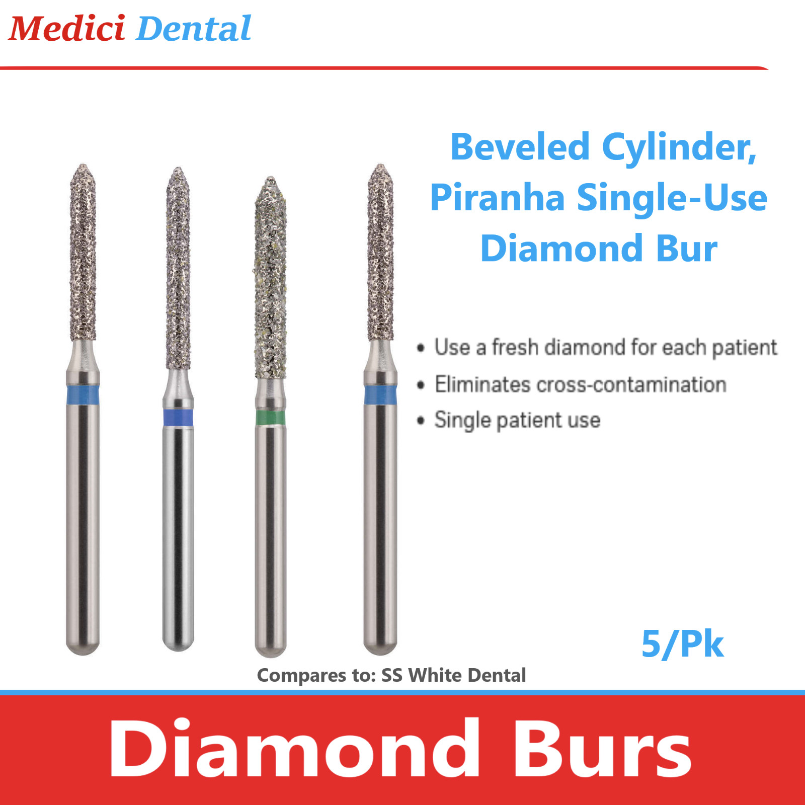 Diamond Bur Beveled Cylinder, Piranha Single-Use Diamonds 885-012C 885-012M, 5Pk