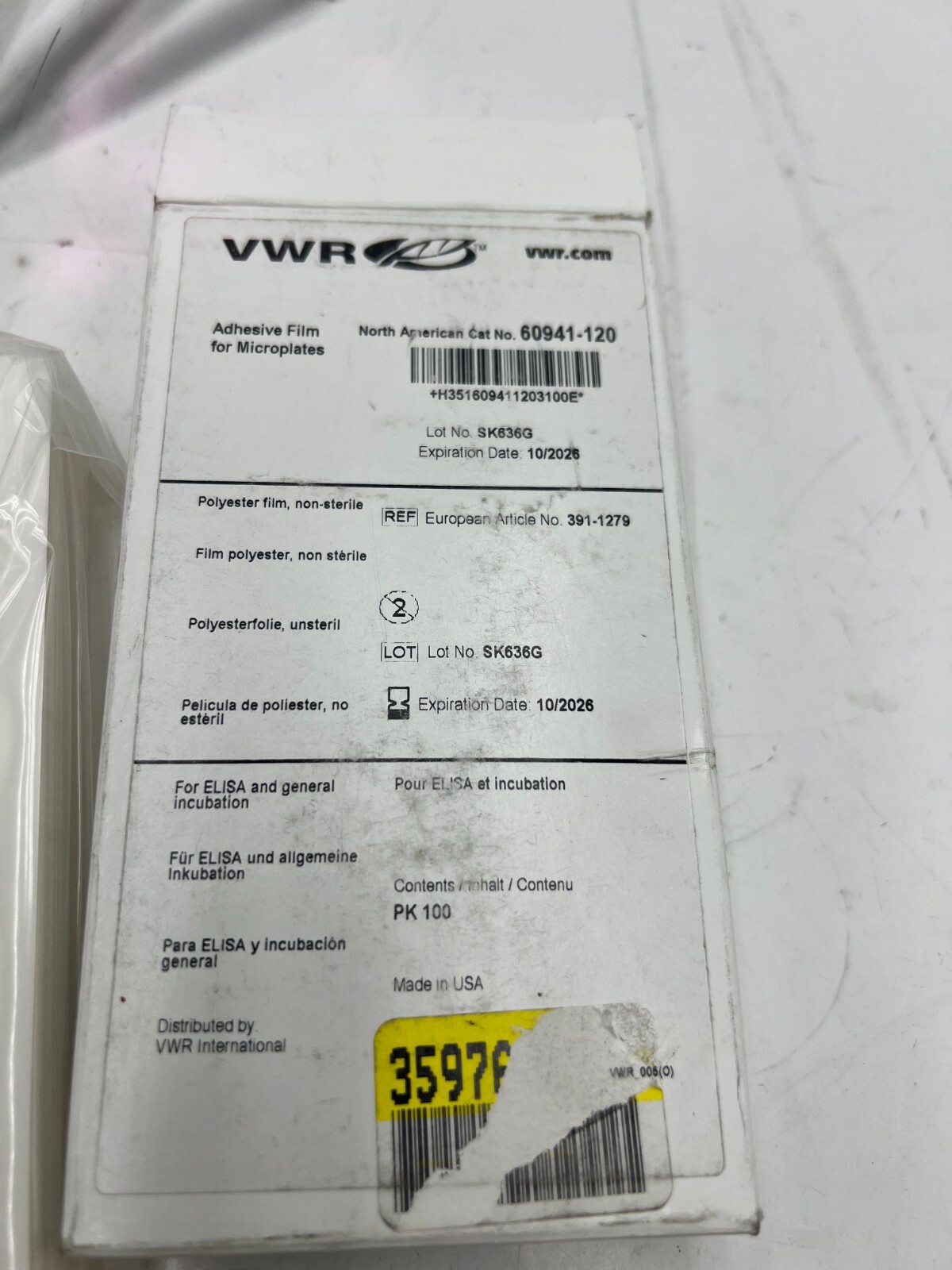 Pack of 100 VWR Adhesive Film 60941-120 for Microplates Polyester Non-Sterile