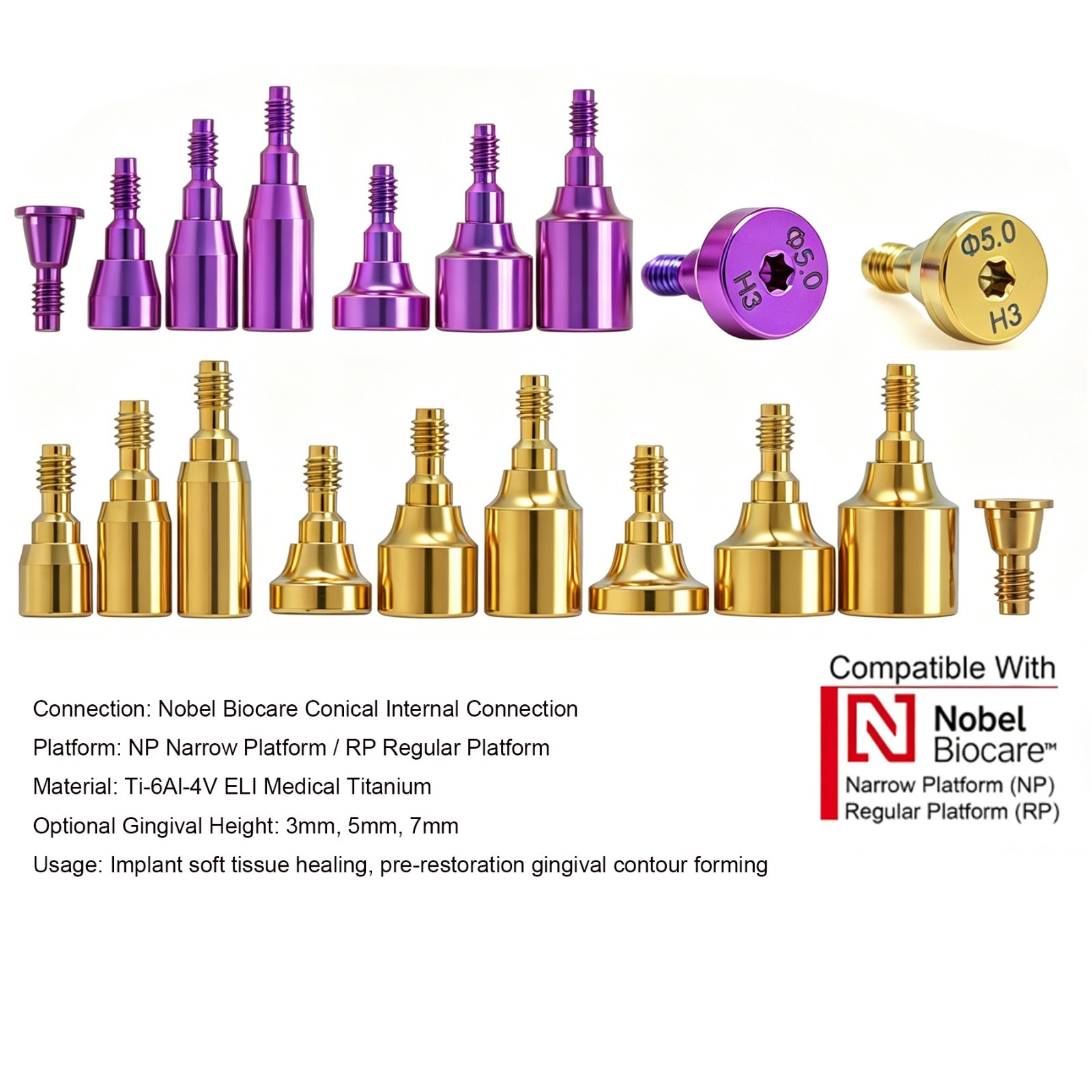 Dental Healing Abutment Fits Hiossen/Nobel/DIO UF/Straumann Implant Healing Caps