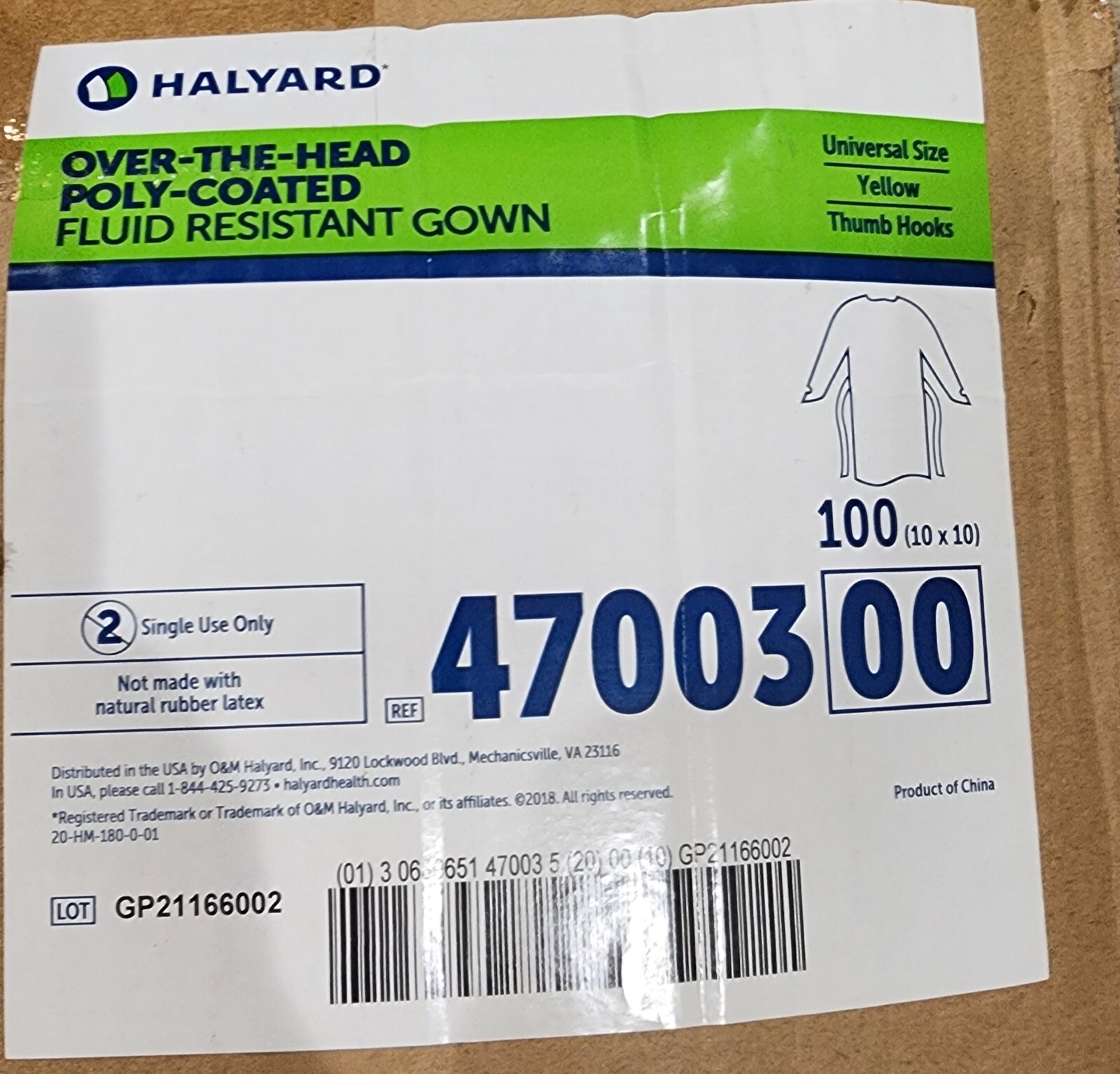 Case of 100 Halyard Poly-Coated Fluid Resistant Gown 47003 Over the Head -Yellow