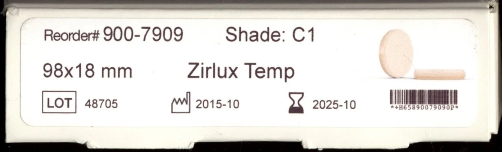 Used Zirlux Temp PMMA – 98×18 mm – Shade B1 – 900-7905 – Use By 2026-03