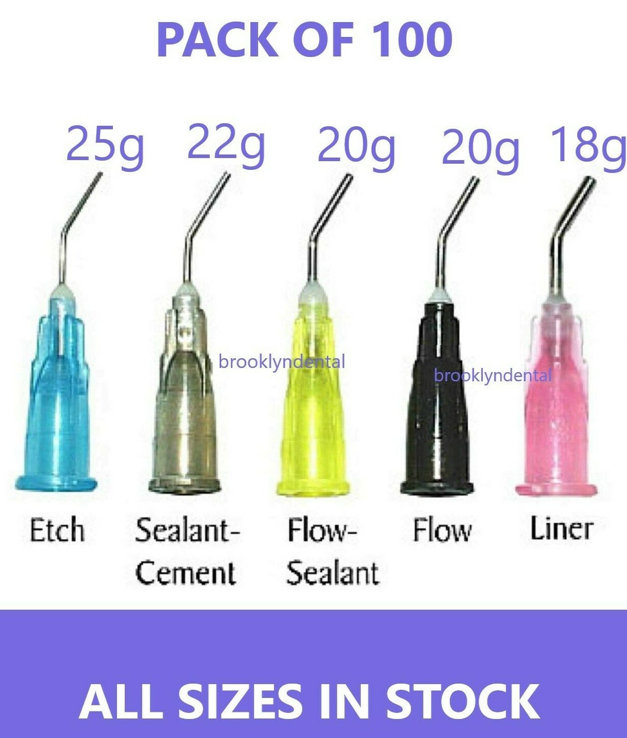 Dental Pre Bent Needle Tips 25 Ga./Blue Etch, Flow Sealant, Liner Pink – 100 Pk
