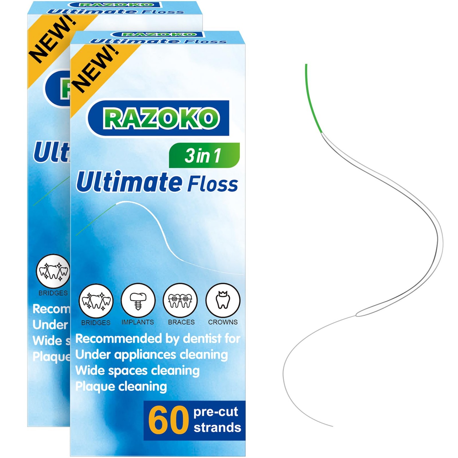 RAZOKO 3-in-1 Floss for Braces, 120 Pre-Cut Strands | 60 Count (Pack of 2)