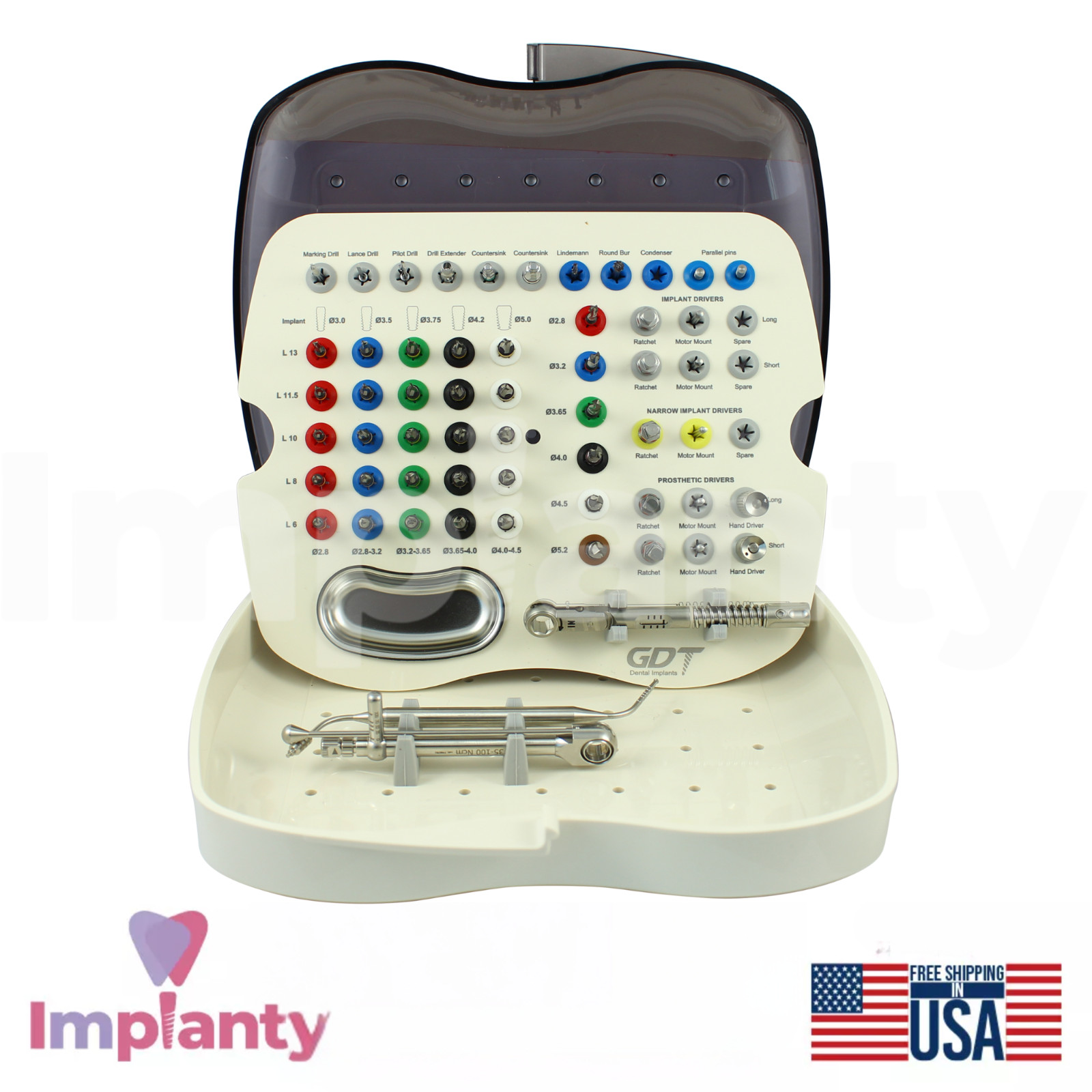 GDT Full Dental Fixture Procedural Kit Stainless Steel Tools DLC Coated Drills