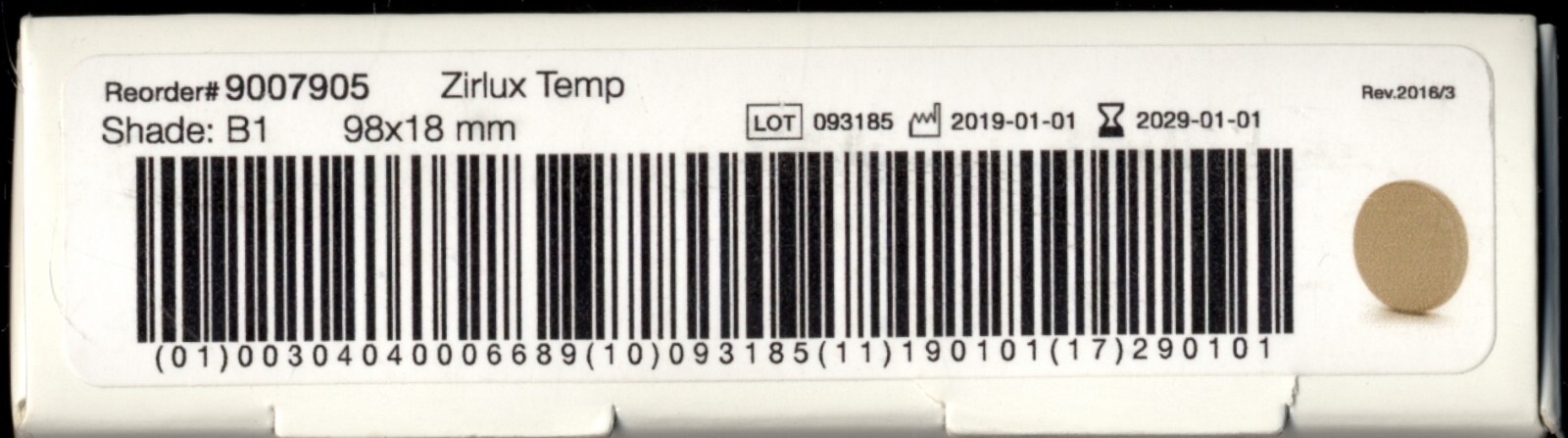 Zirlux Temp PMMA – 98×18 mm – Shade B1 – 9007905 – Use By 2029-01-01