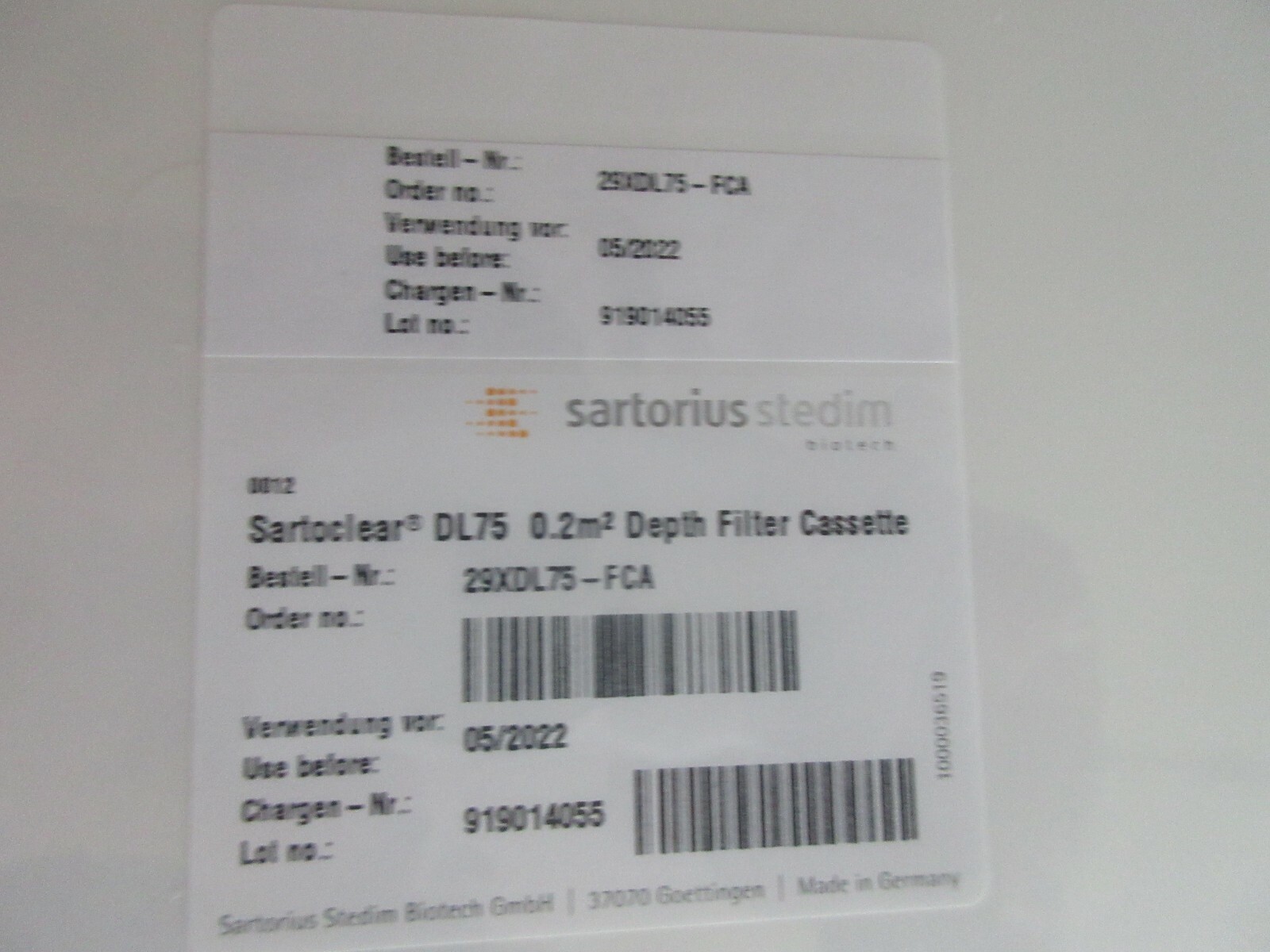 SARTORIUS STEDIM 29XDL75-FCA SARTOCLEAR DL75 DEPTH FILTER CASSETTE EXP 2022