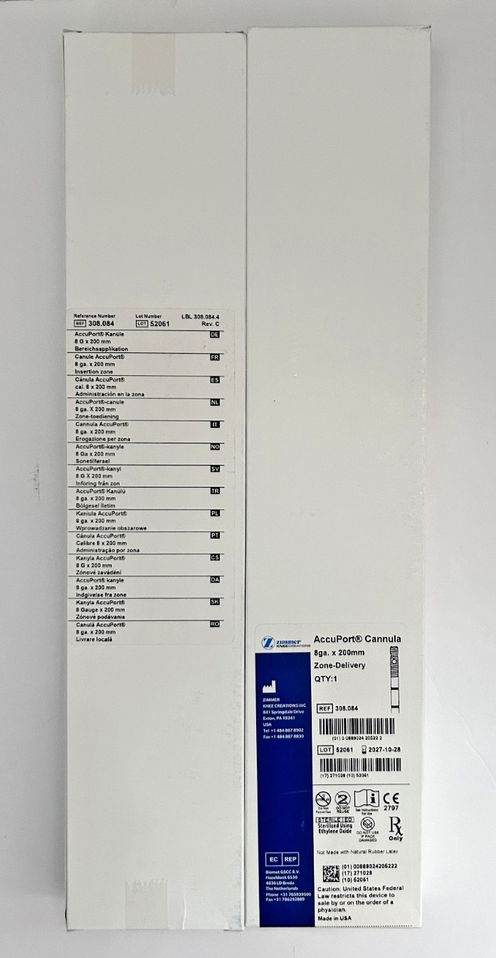 Zimmer AccuPort Cannula 8Ga x 200mm Zone Delivery REF 308.084 Exp 2027