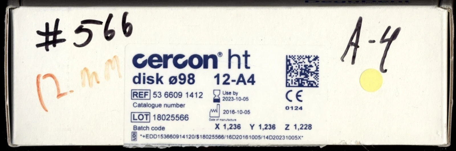 Used Dentsply DeguDent Cercon ht Zirconia Disc Blank 98×12 mm 12-B3 Use by 2023