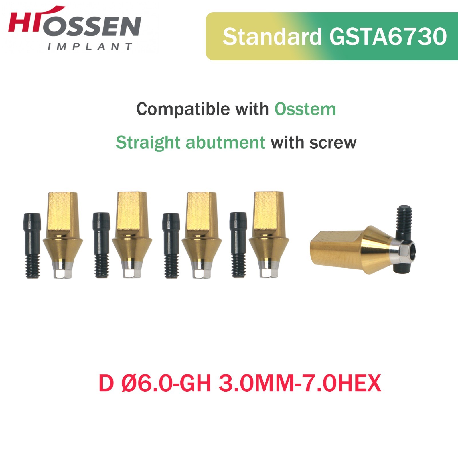 US Dental Straight Transfer Abutment Regular Ø6.0 mm Hex GH 1–6 mm Hiossen ET