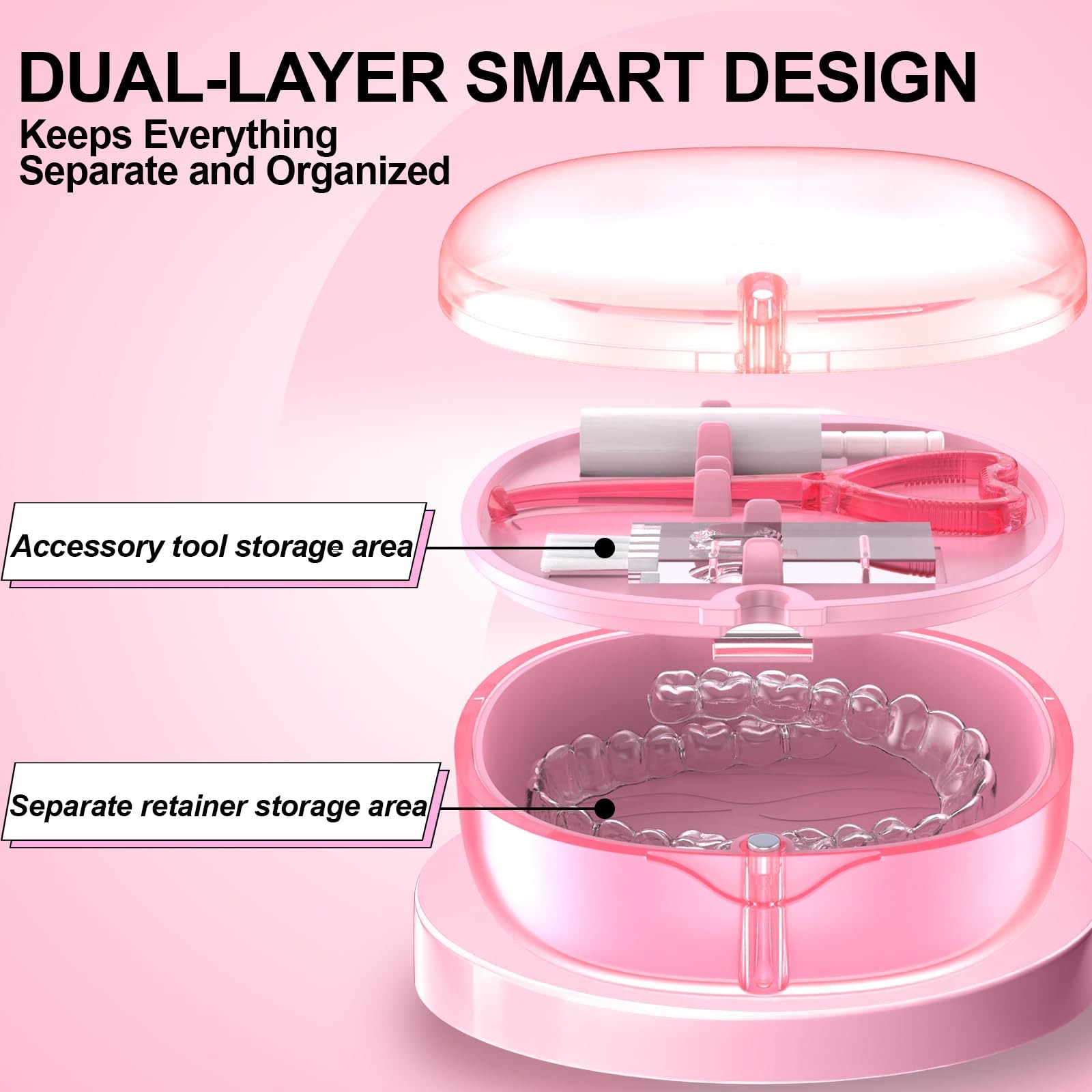 Pink Aligner and Retainer Case Double-layer Cute Slim Braces Transparent