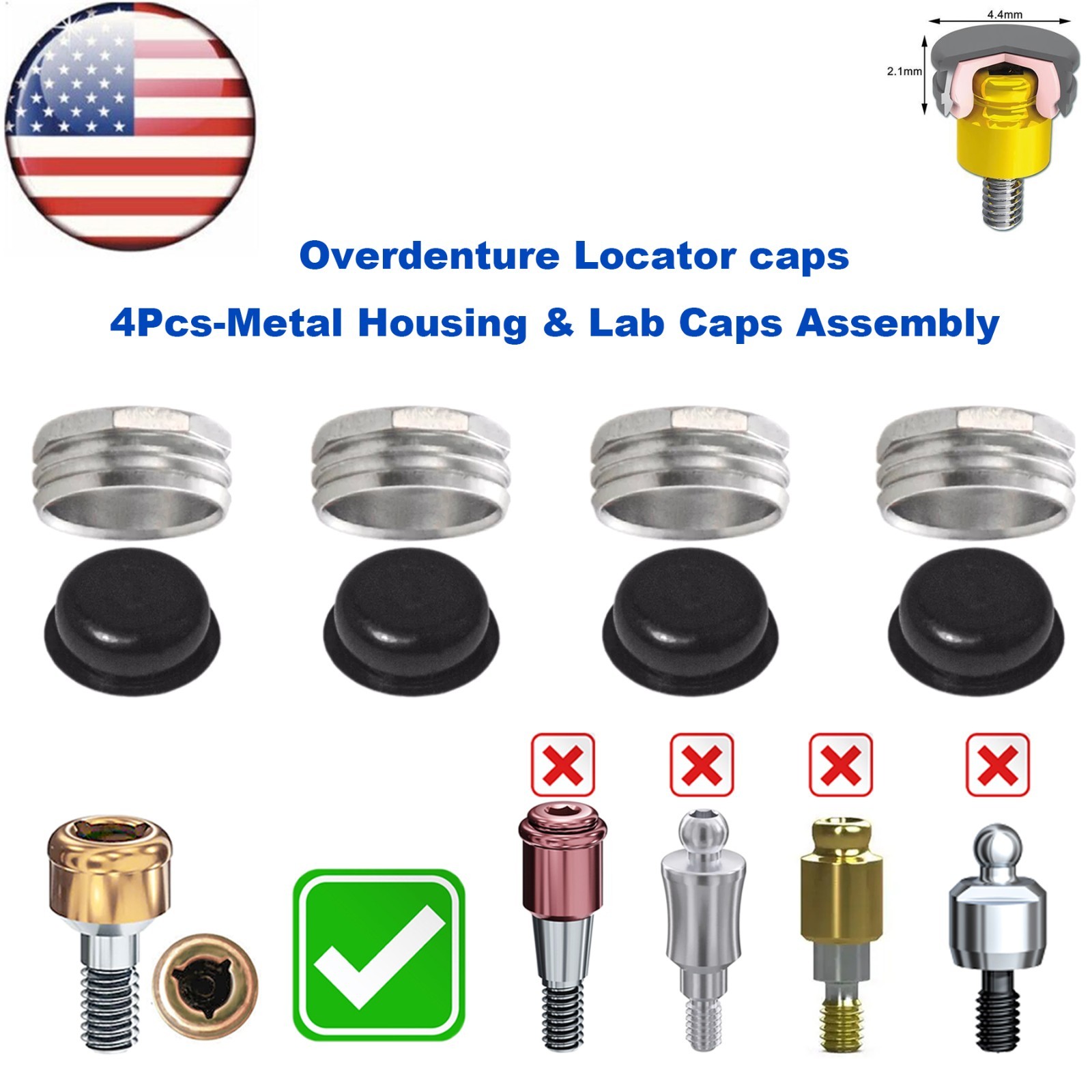 US Overdenture Dental Locator Abutment Retention Caps 1.2/2.4lbs Metal Housing