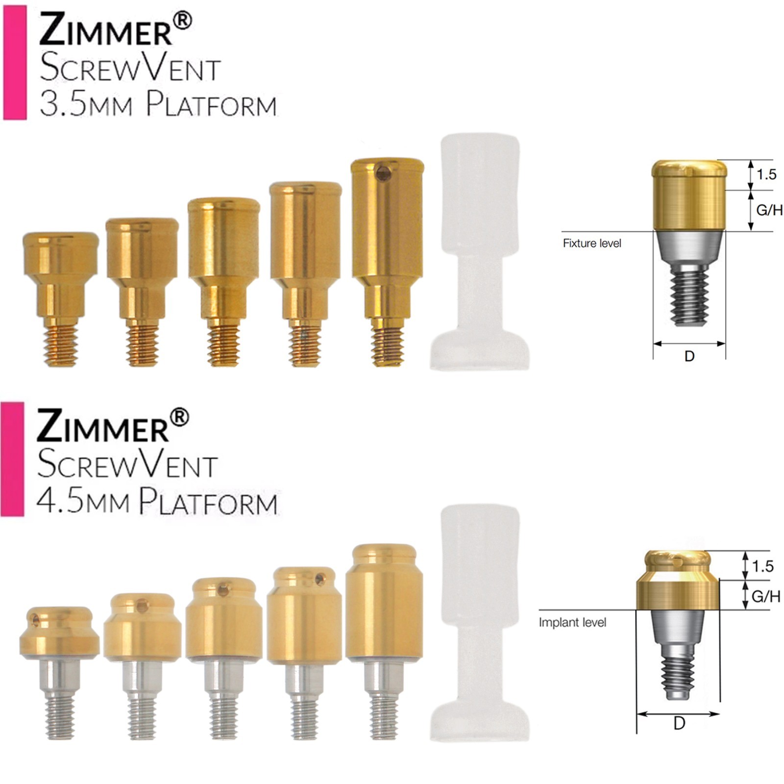 US Locator Tapered Abutment For Zimmer Screw Vent Ø3.5/4.5mm & Male Cap Inserts