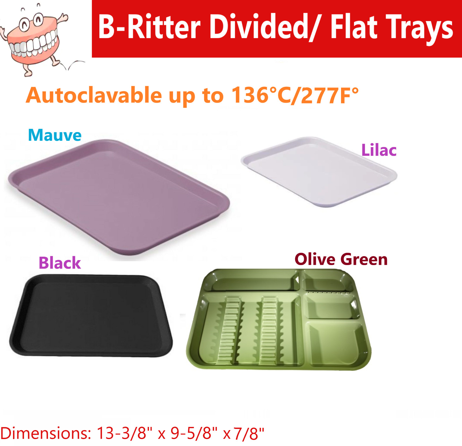 DENTAL FLAT TRAY SIZE B (RITTER) Set Up DIVIDED or F MINI, Autoclavable to 275F