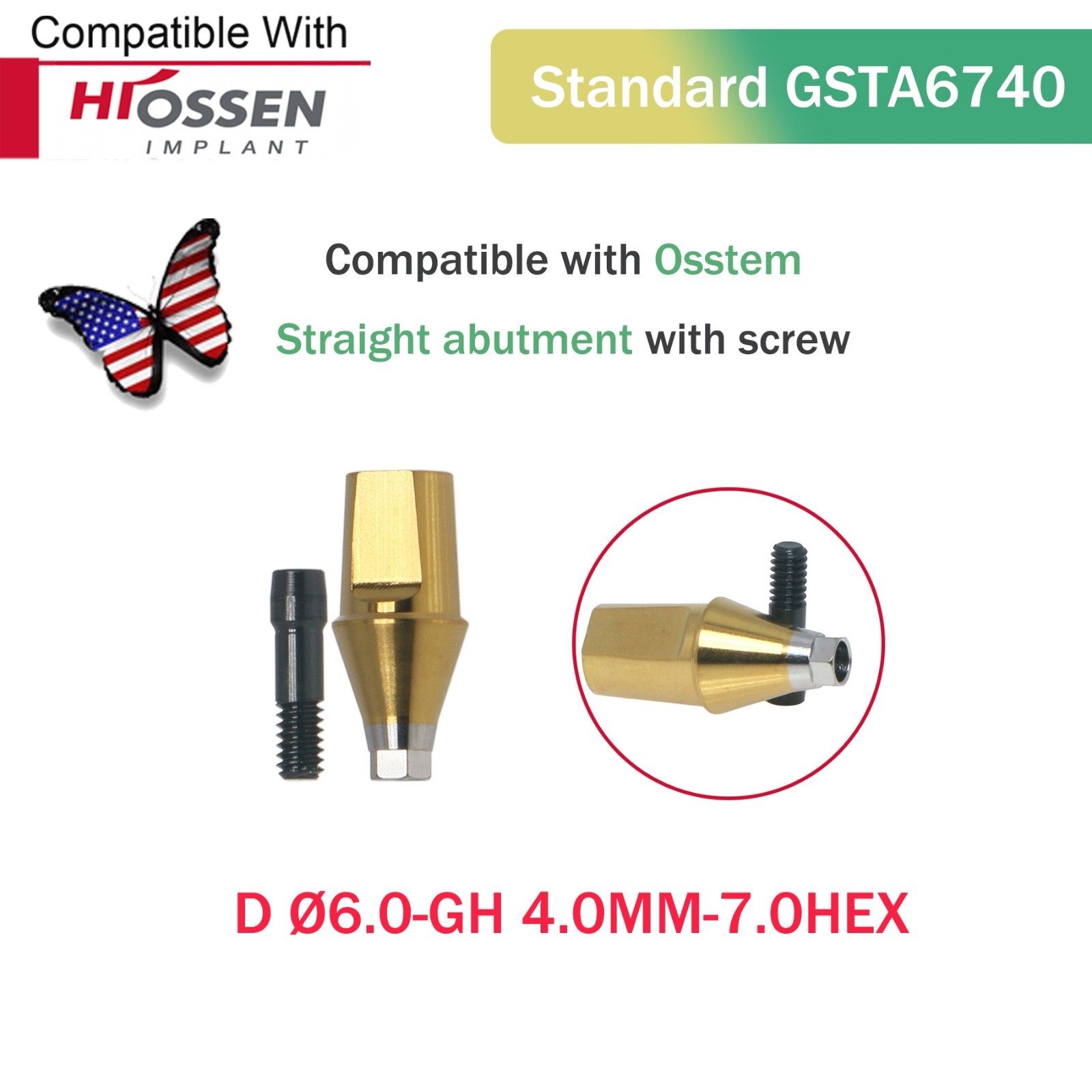 US Dental Straight Transfer Abutment Regular Ø6.0 mm Hex GH 1–6 mm Hiossen ET