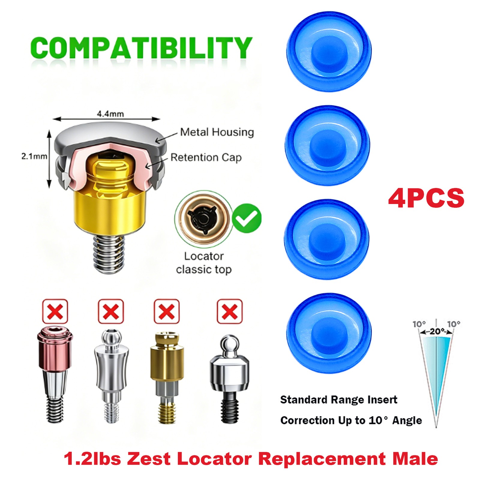 ZEST LOCATOR Classic Abutment Zimmer TSV Internal Hex Ø3.5/4.5mm Male Cap Insert