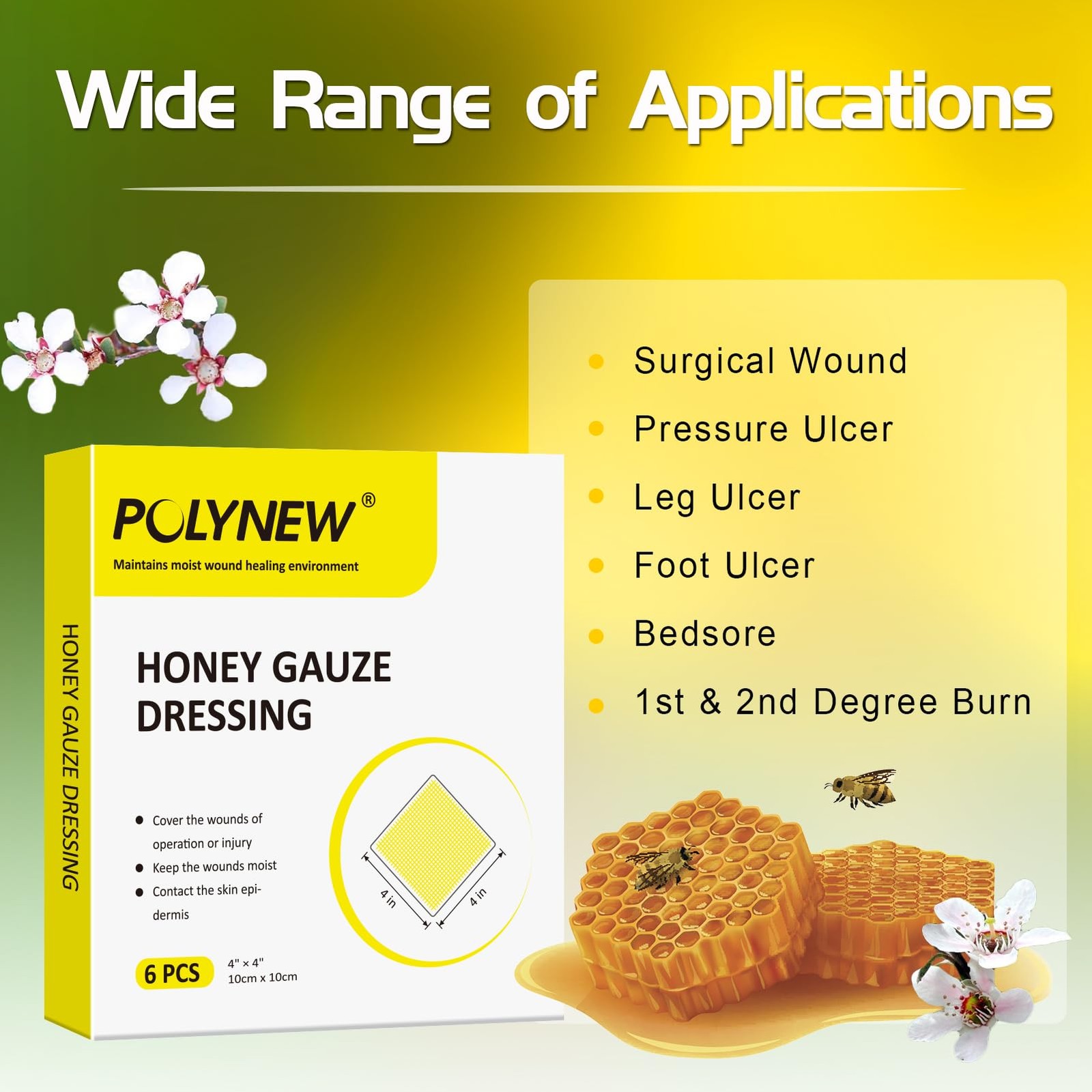 POLYNEW Manuka Honey Gauze Dressing, 6 4″x4″-6 Pack/Box