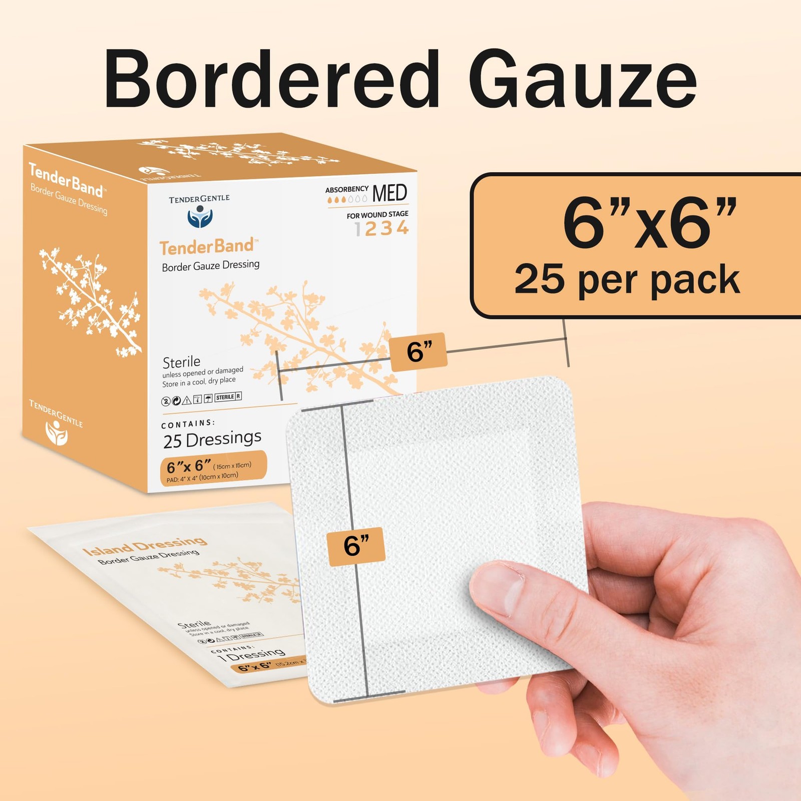 Bordered Gauze Island Dressing 6×6-25 Large Adhesive Bandages for 6×6 Inch