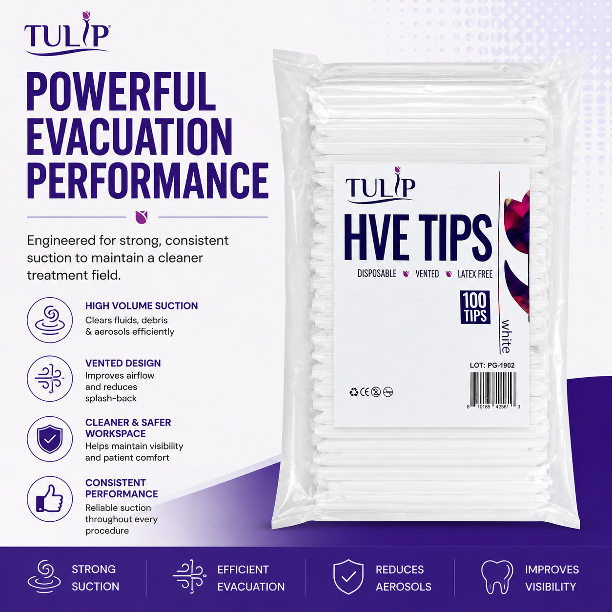 100 Disposable Dental HVE Suction Tips Vented Latex Free White Evacuation Tulip